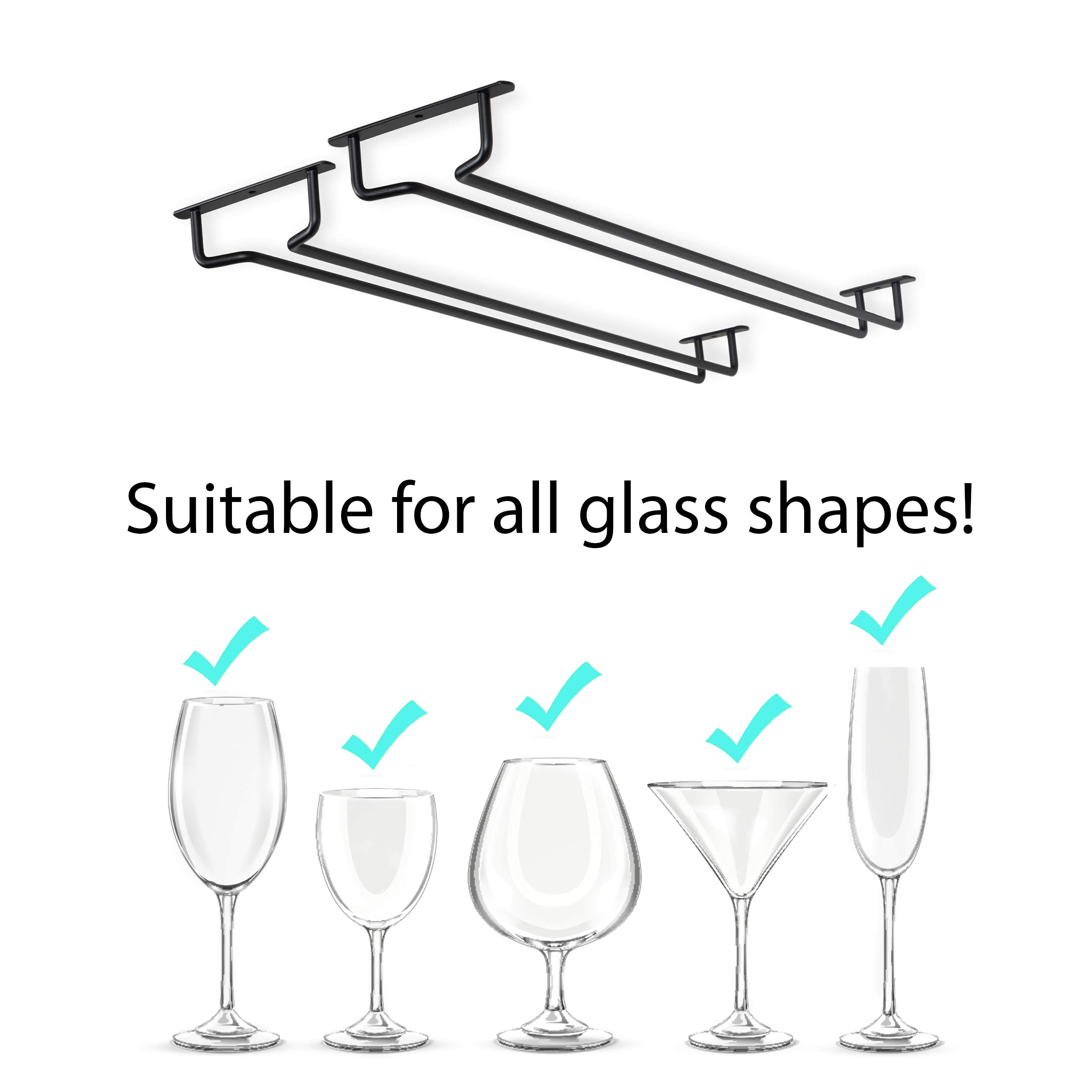 Premium Under Cabinet Wine Glass Holder - Wallniture Brix Black Iron Set of 2 (17 Inch) for Kitchen Organization & Stylish Storage | Perfect for Small Spaces, Bar Decor & Wine Enthusiasts