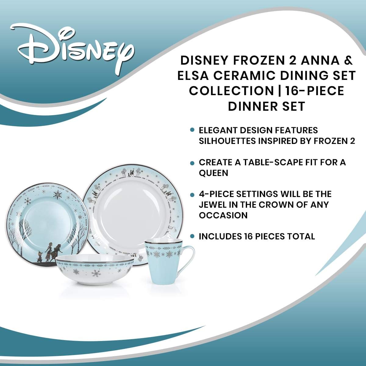 Disney Frozen 2 Anna & Elsa Themed 16-Piece Dinnerware Set - Official Collectible Ceramic Plates, Bowls & Mugs | Perfect for Kids Birthday Parties, Disney Themed Dining & Frozen Fan Gift Ideas