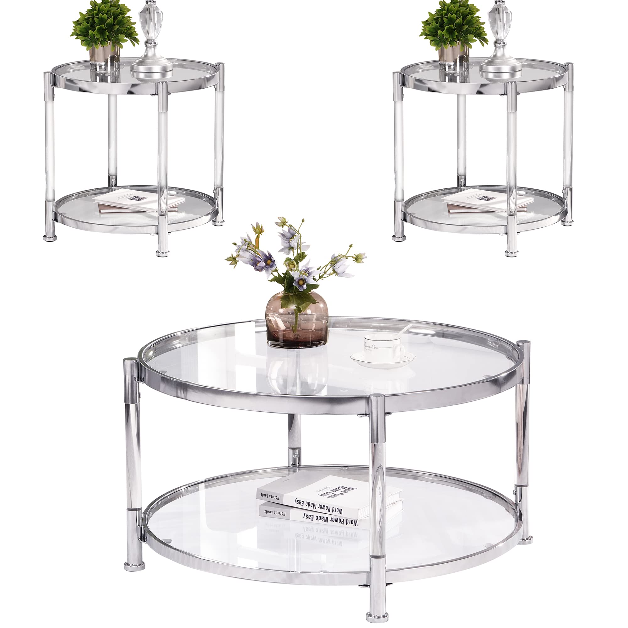 Modern 3-Piece Glass Coffee Table Set with Chrome Base & Tempered Glass Top - Round Side & End Tables for Living Room, Bedroom - Durable Acrylic Legs, Silver Finish - Perfect for Small Spaces, Home Decor & Entertaining Guests