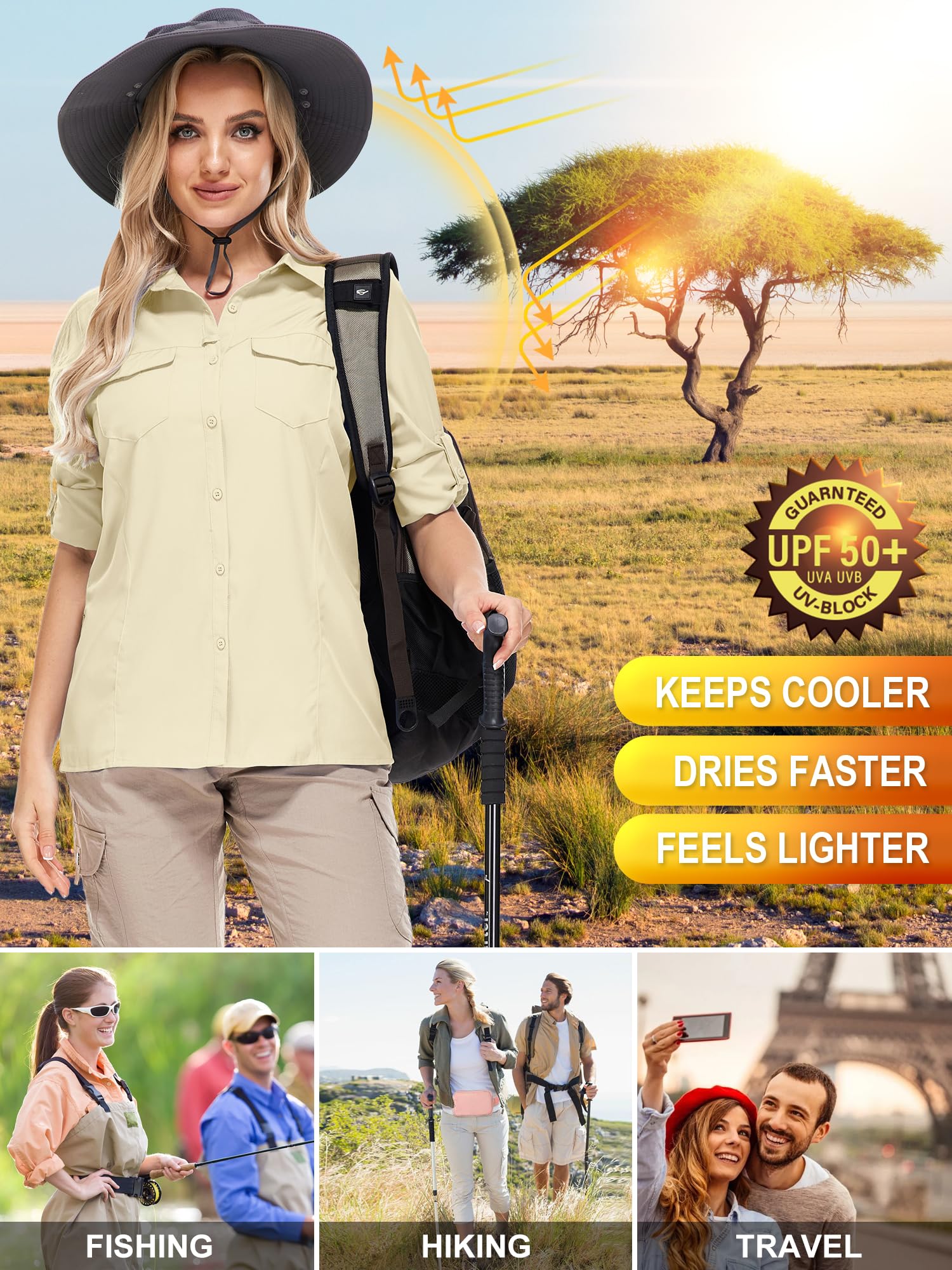 UPF50+ Sun Protection Fishing Shirts for Women & Men - Long Sleeve Travel & Work Shirts with Zipper Pockets - Perfect for Safari, Hiking, Beach & Outdoor Activities