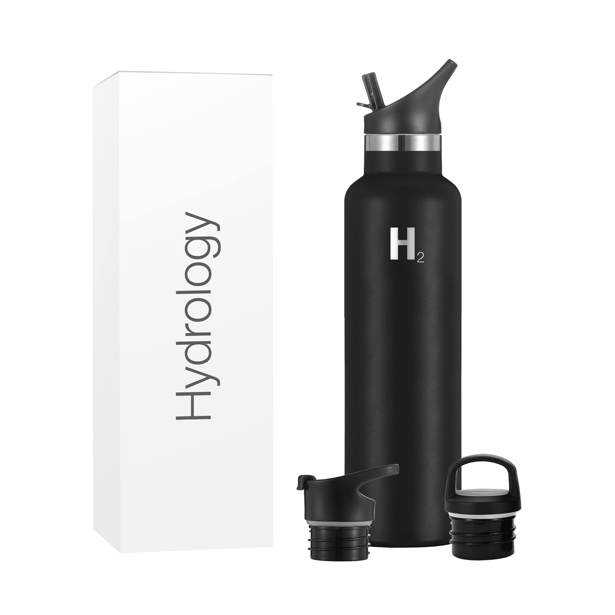 H2 Hydrology Narrow Mouth Stainless Steel Insulated Water Bottle - 24oz Vacuum Insulated Thermos for Hot & Cold Drinks - Double Wall Metal Water Bottle with 3 Lids (Black) - Perfect for Gym, Hiking, Camping & Office Use