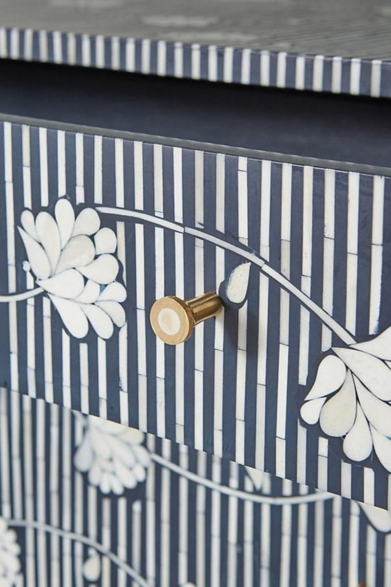 Handmade Bone Inlay Dresser with Floral Design - 3 Drawer Navy Blue Chest with Brass Stand - Perfect for Bedroom, Living Room & Home Decor Storage