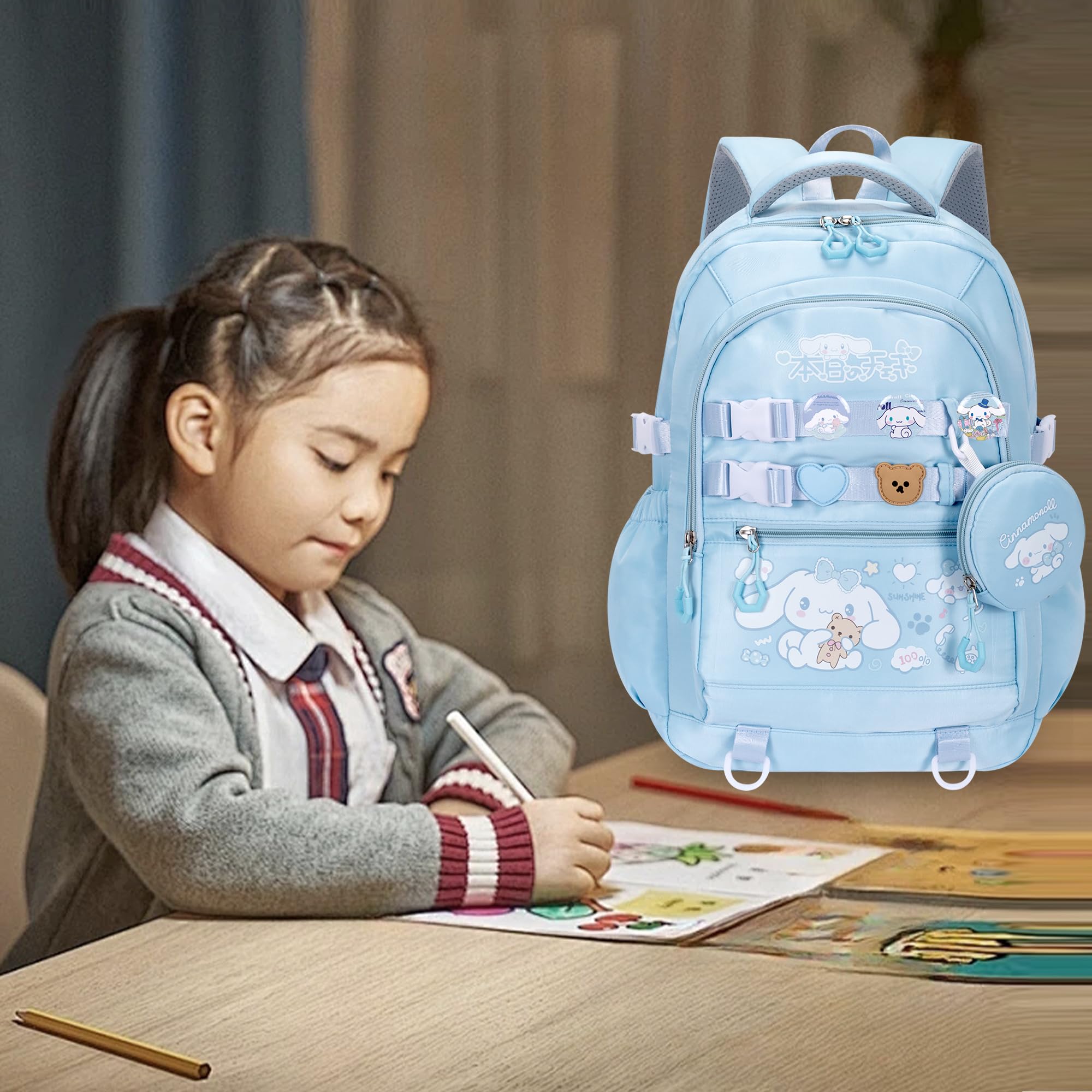 Cinnamoroll Anime Backpack for Girls - Kawaii School Bag with 12 Pcs Accessories, Anti-Theft Laptop Compartment, Cute Pins | Aesthetic Travel Daypack for Students, College, Work & Daily Use