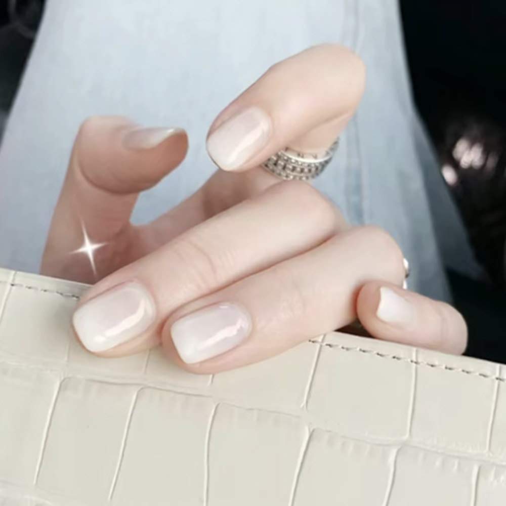 24Pcs Glossy Gradient Press On Fake Nails - Short Square Acrylic False Nails with Full Coverage (White) | Perfect for Parties, Weddings & Everyday Wear