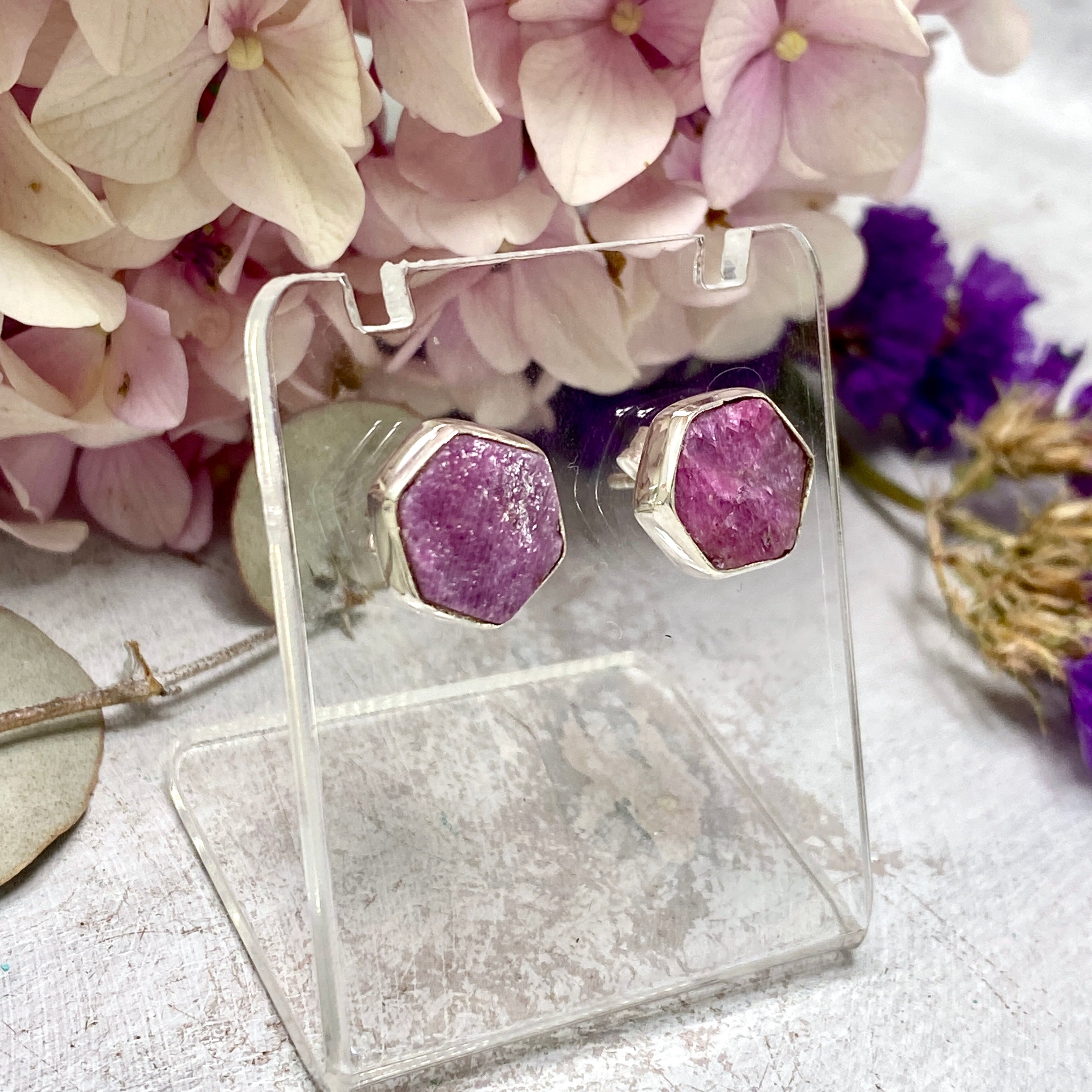 Natural Ruby Raw Hexagonal Stud Earrings KEGJ1255 - Elegant Handmade Jewelry for Women, Perfect for Weddings, Parties & Daily Wear