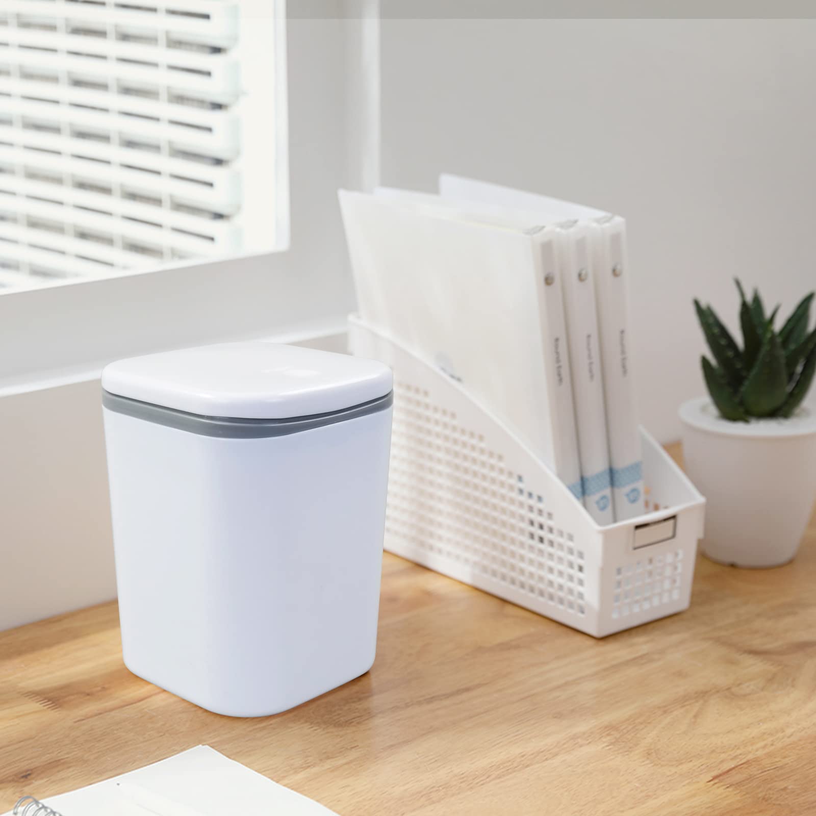 Vababa 2 Liter / 0.5 Gallon Small Trash Can with Push Button Lid - Compact Mini Garbage Bin for Bathroom, Office, or Bedroom - White