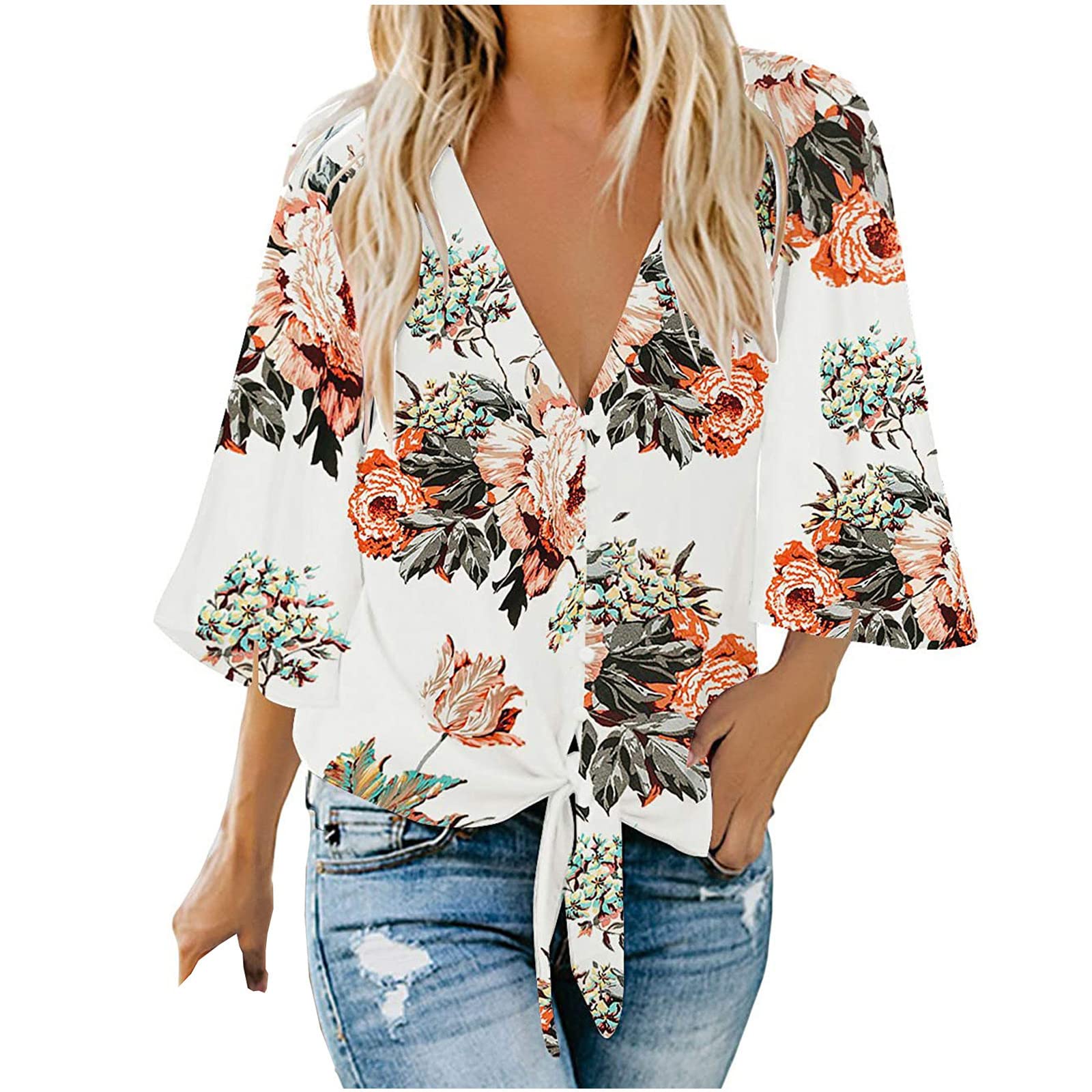 2022 Women's Casual V-Neck Bell Sleeve 3/4 Sleeve Henley Shirt - Sexy Loose Hawaiian Blouse Tunic for Fall | Perfect for Going Out, Beach Vacations & Boho Style Outfits