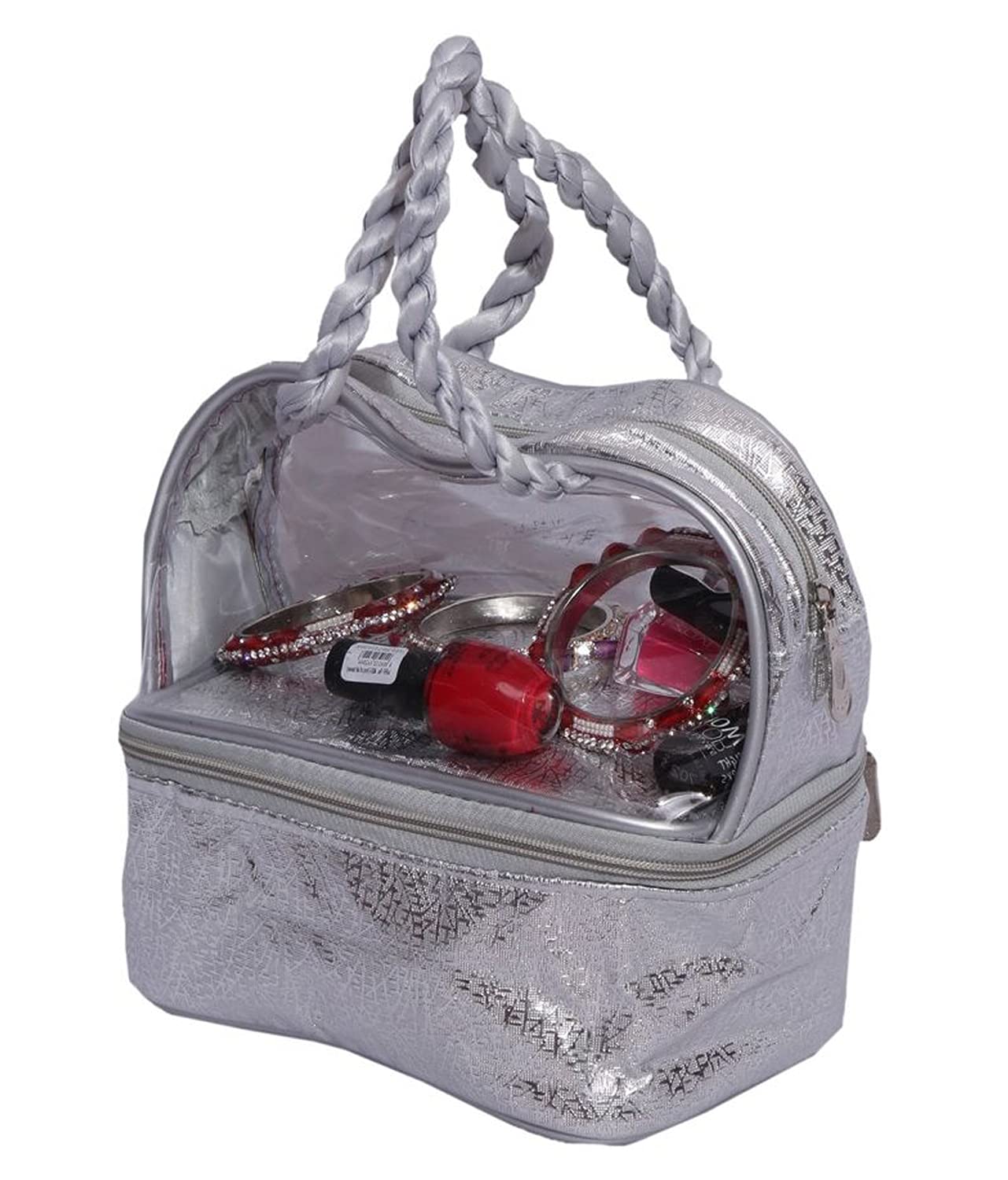 Kuber Industries Double Layer Waterproof Travel Cosmetic Bag - Makeup Organizer for Toiletries, 2 Pack (Silver) - Perfect for Travel, Gym, and Daily Use