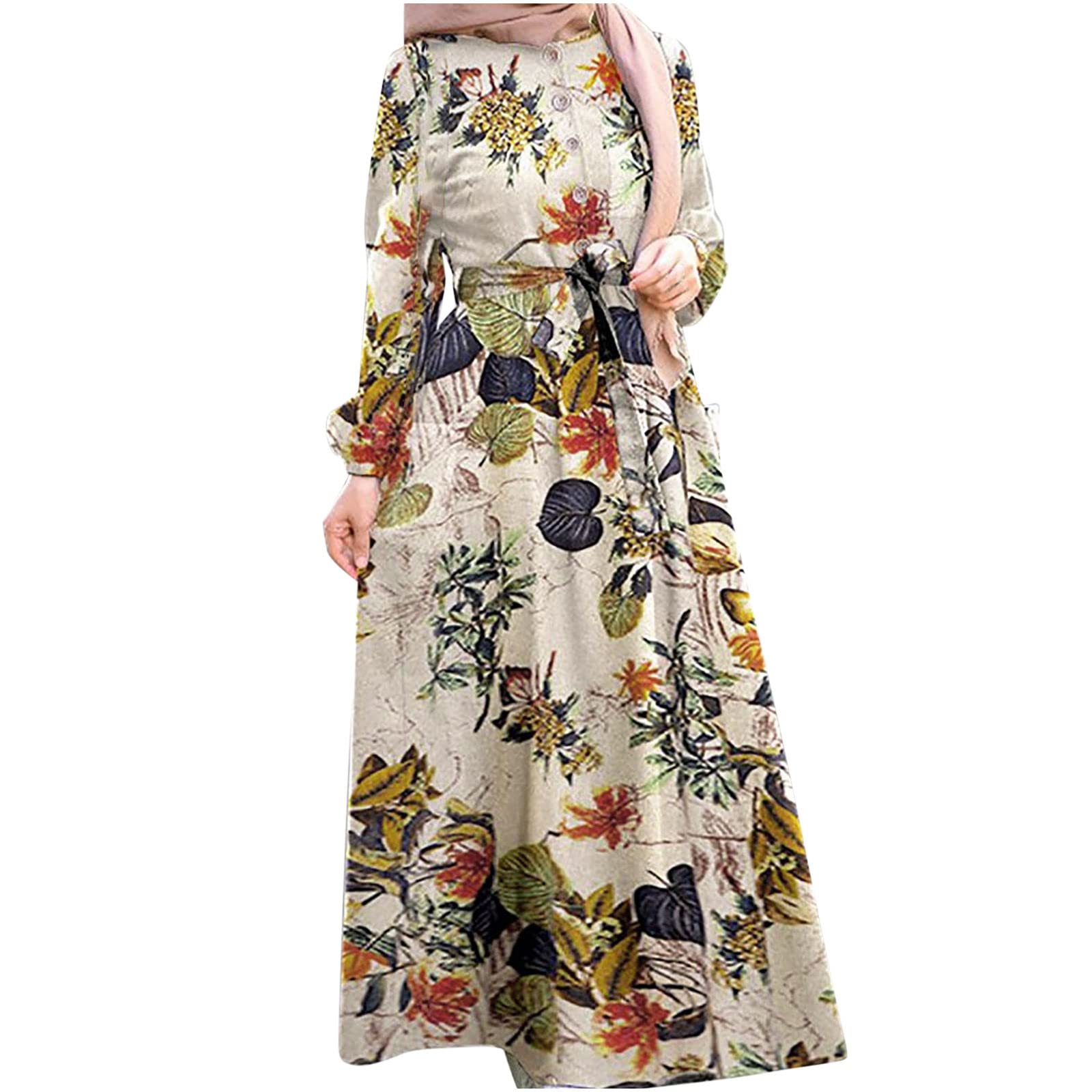 Women's Floral Print Long Sleeve Maxi Dress - Button Down Crew Neck Loose Swing Dress with Tie Waist | Perfect for Vacation, Beach, Date Night & Casual Outings