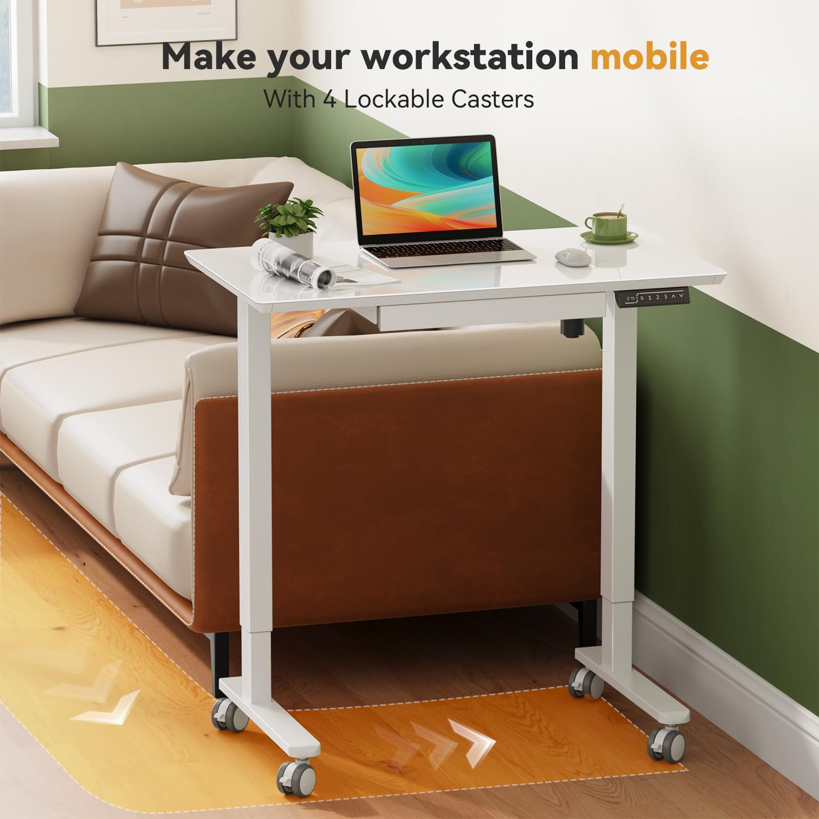 Adjustable Height Glass Standing Desk with Drawer - 35x20 Inch Electric Sit Stand Computer Desk with Wheels, White | Perfect for Home Office, Small Spaces & Ergonomic Workspaces