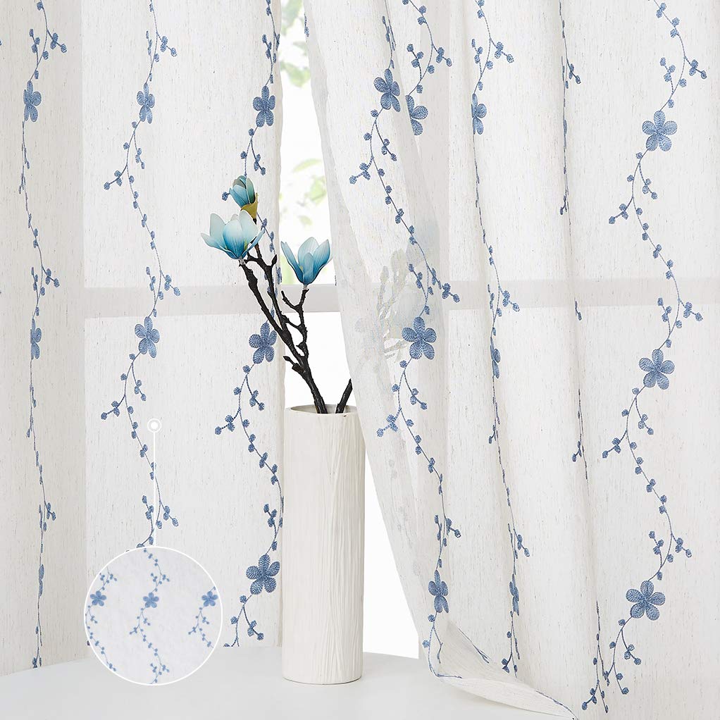 Floral Embroidered Voile Curtains for Bedroom & Living Room - 42x84 Inch Rod Pocket Sheer Drapes, Set of 2 Panels, Light Blue - Perfect for Home Decor, Window Treatments & Room Dividers