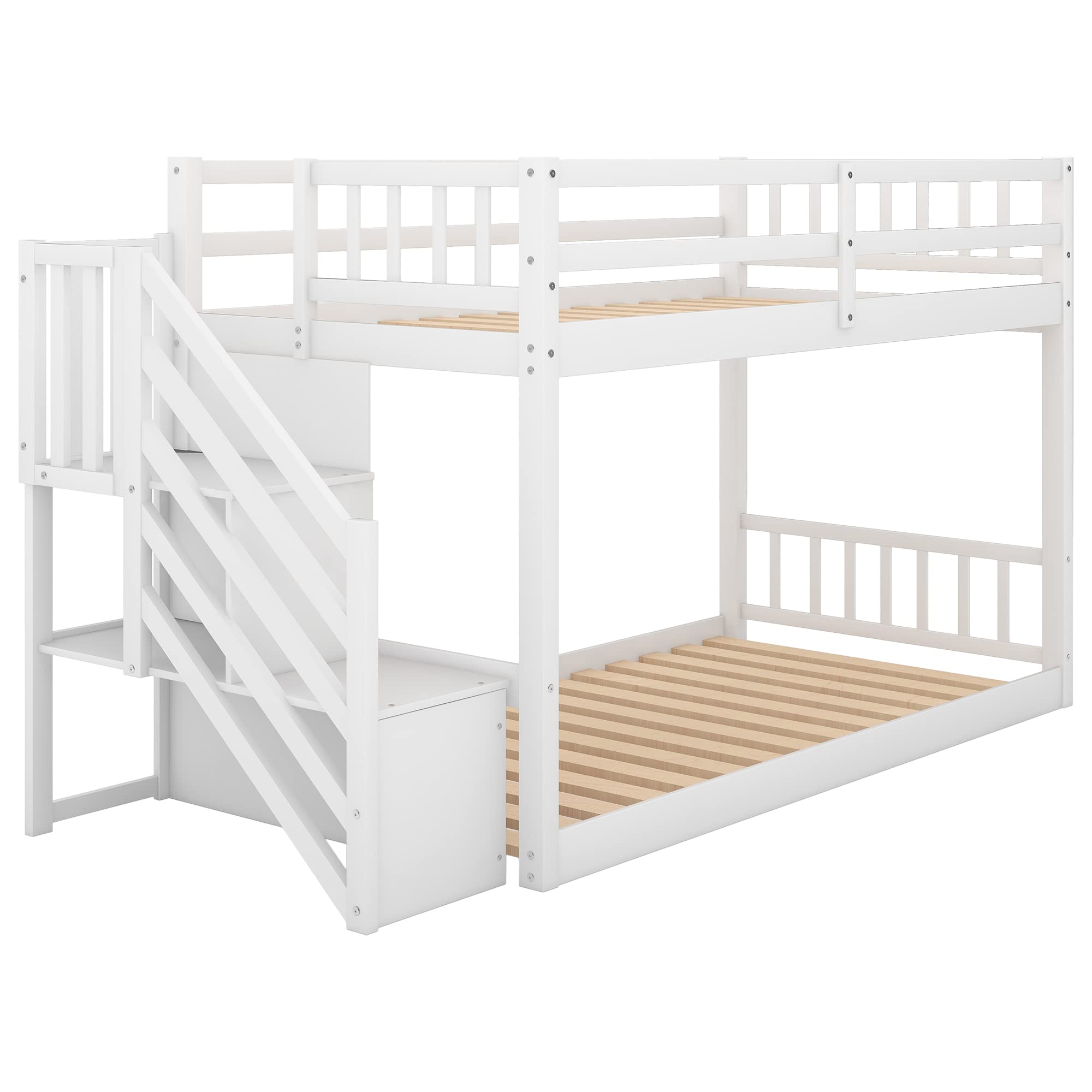 Harper & Bright Designs Twin Over Twin Kids Bunk Bed with Stairs & Storage - Low Profile Floor Bunk Bed for Toddlers, Teens & Small Spaces - No Box Spring Needed (White) - Perfect for Shared Kids Rooms, Sleepovers & Space-Saving Bedroom Solutions
