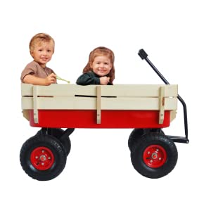 Takefuns Heavy Duty Outdoor Cargo Wagon - All Terrain Garden Cart with Big Wheels & Adjustable Handle, Wooden Panel Design, 330LBS Capacity - Perfect for Gardening, Yard Work, Camping & Kids Activities (Red)
