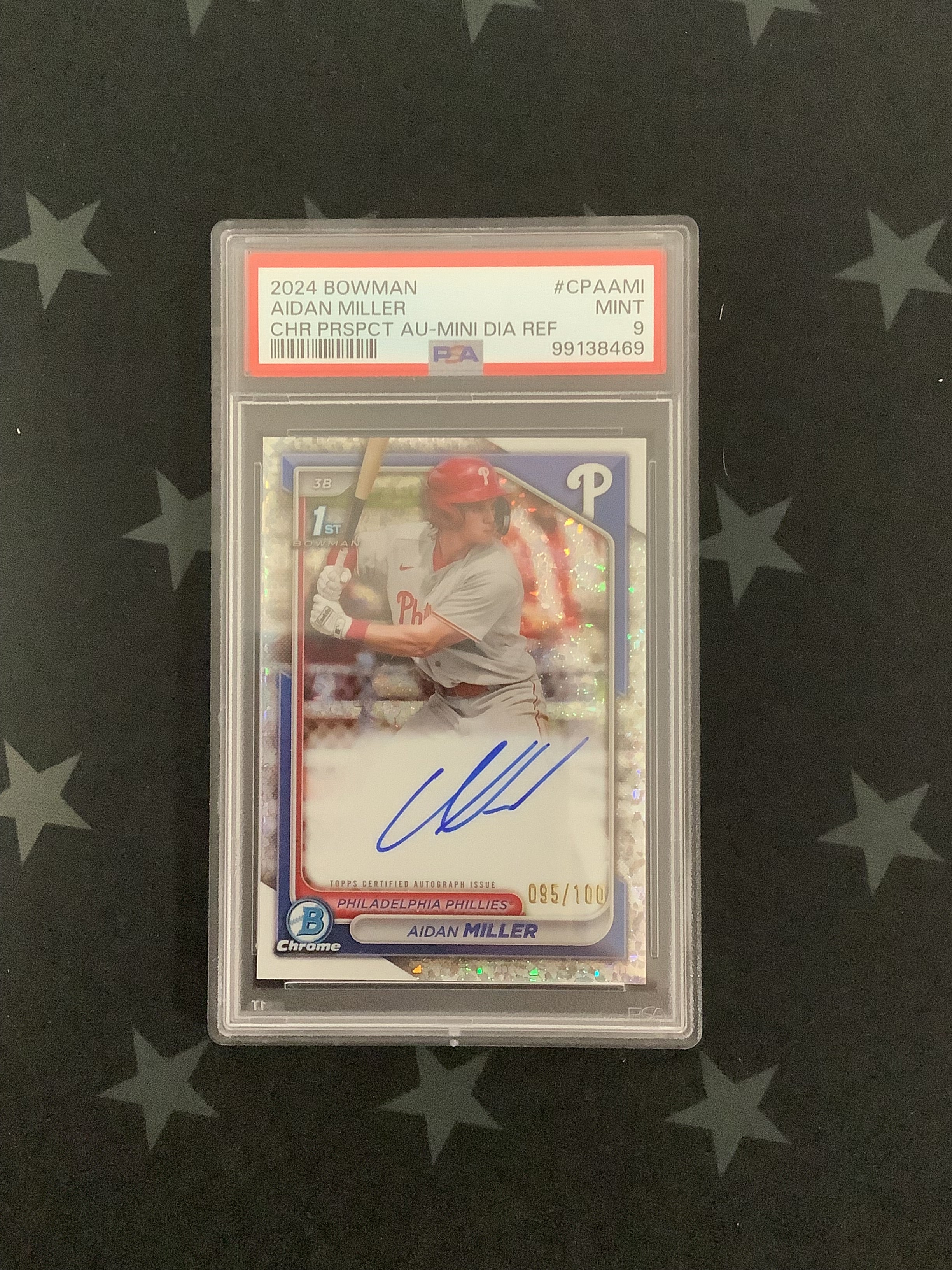 2024 Bowman Chrome Aidan Miller Prospect Auto Mini Diamond Refractor /100 PSA 9 Mint - Rare Baseball Trading Card for Collectors & Investors - Perfect for Sports Memorabilia Displays & Card Shows