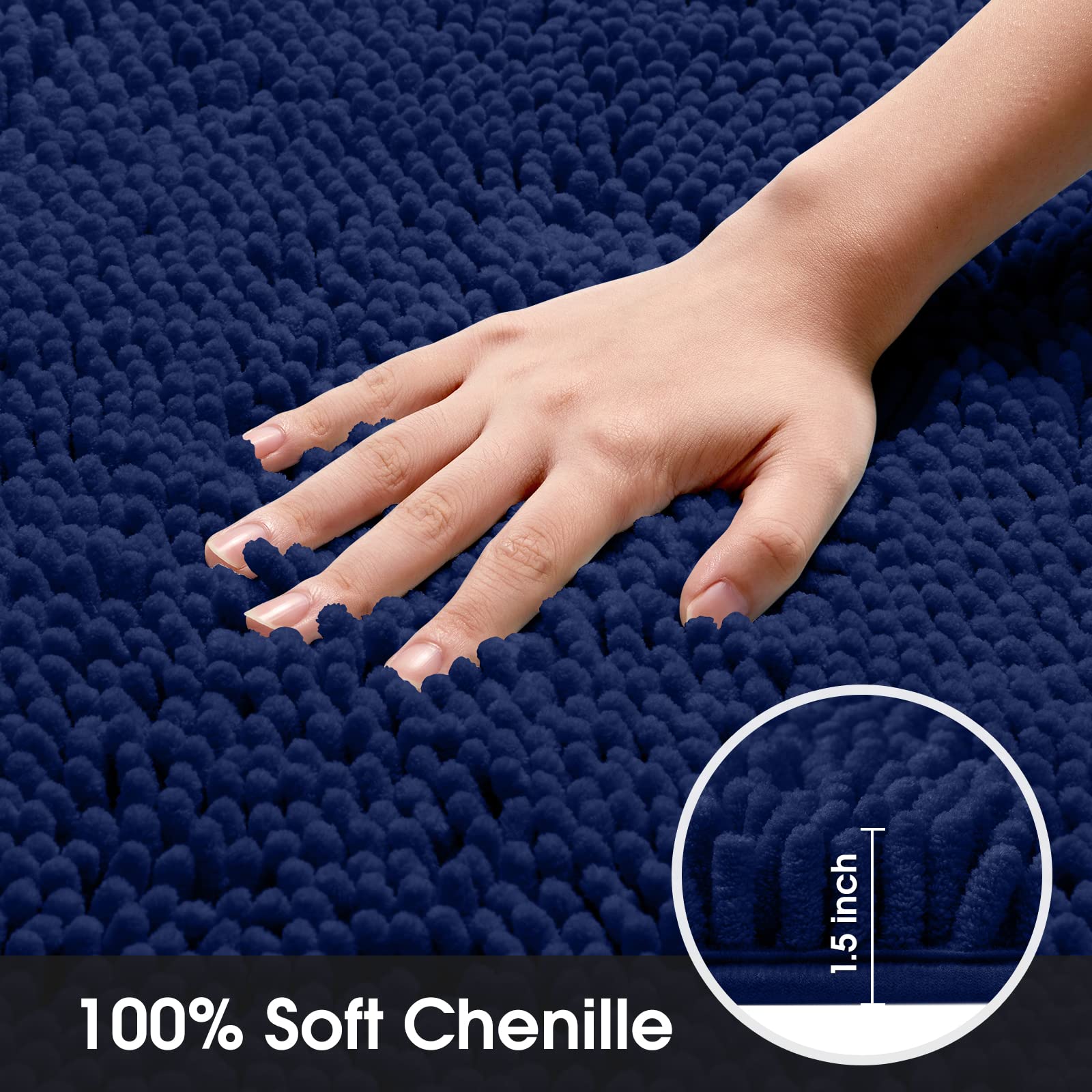 HOMEIDEAS Navy Blue Bathroom Rug Runner 17x47 Inch - Ultra Soft, Absorbent, Non-Slip Chenille Plush Shower Mat - Machine Washable Bath Carpet for Bathroom, Shower, and Vanity Areas - Perfect for Modern and Cozy Home Decor
