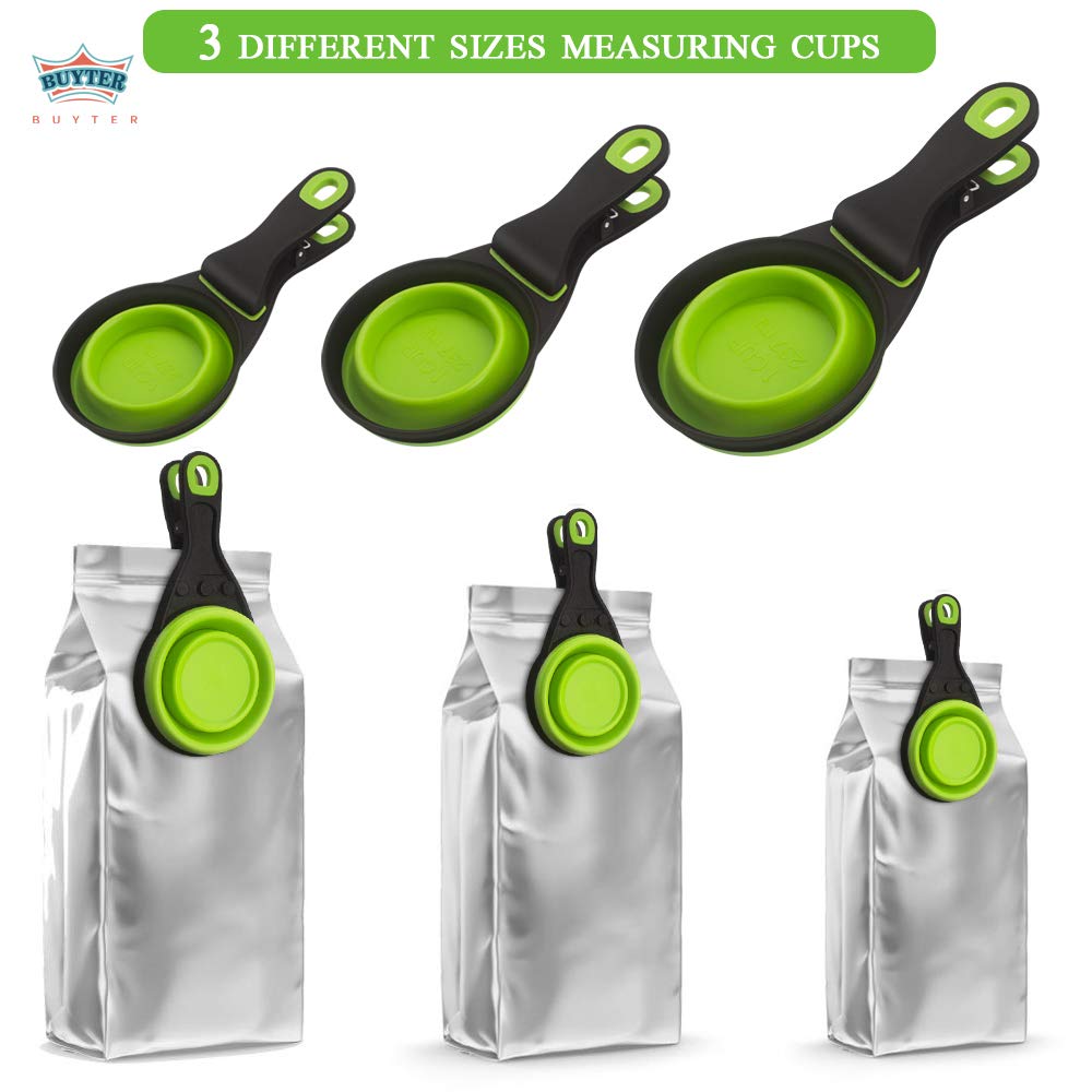 Buyter 3-in-1 TPE Pet Food Scoop with Folding Handle, Grain Bag Holder & Measuring Cup - Medium Size, Green - Perfect for Dog Food, Cat Food & Dry Pet Treats Storage