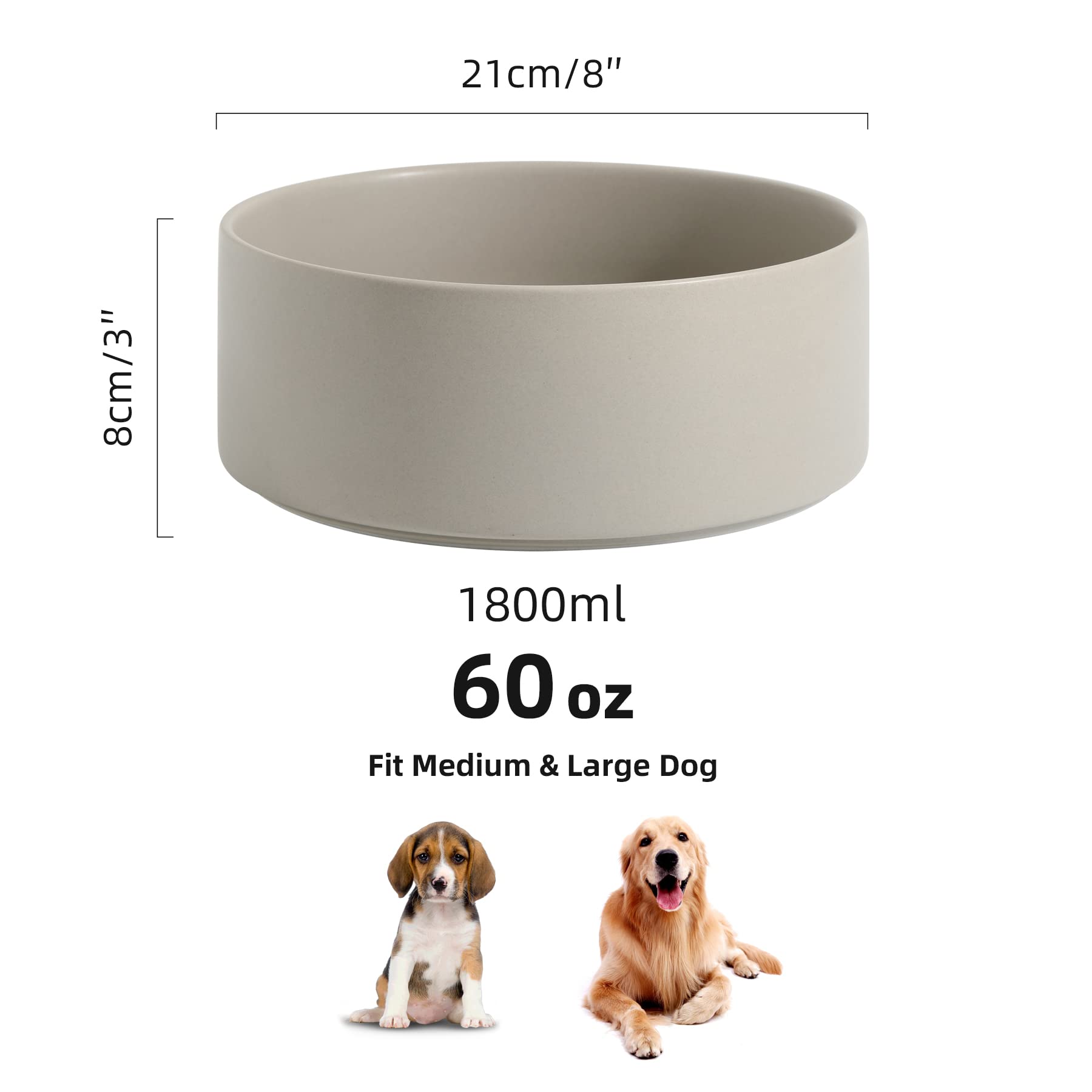 Non-Slip Ceramic Dog Bowl Set - 8 Inch Large Pet Food & Water Dish with Anti-Slip Base for Medium & Big Dogs - Spine Protection Design (Grey) - Perfect for Home, Kitchen & Outdoor Use