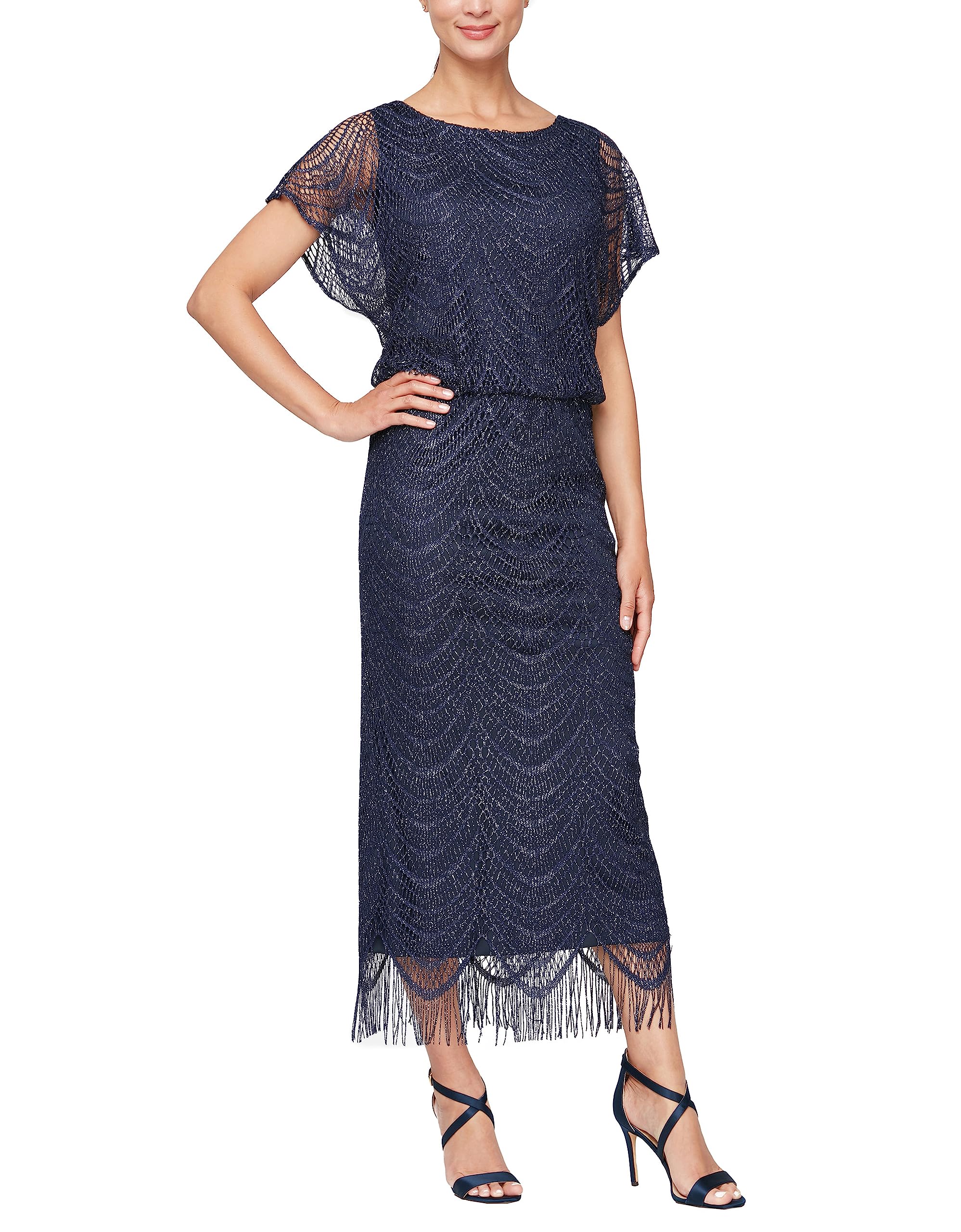 S.L. Fashions Women's Metallic Crochet Dress with Fringe Hemline - Elegant Boho Summer Party Dress for Beach Weddings & Festivals