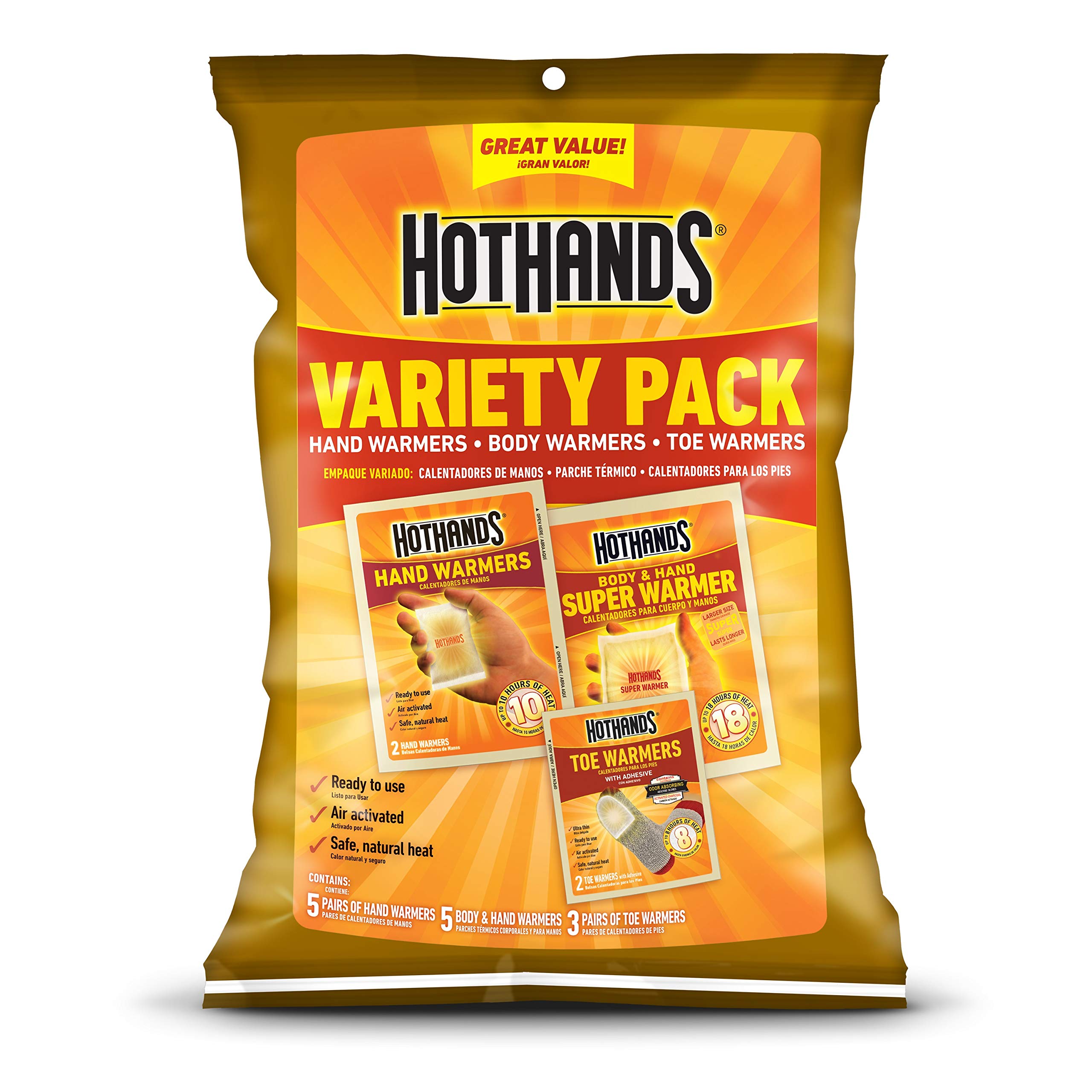 HotHands Toe, Hand & Body Warmer Variety Pack - 40+ Hour Air Activated Heat Pads for Winter Sports, Hunting & Outdoor Activities (3 Pack) - Safe, Natural, Odorless Warmers for Cold Weather Comfort