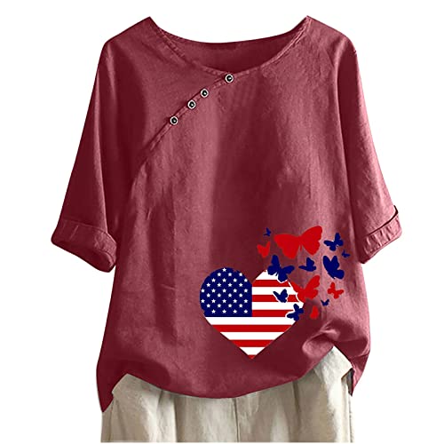 Women's Floral Print Half Sleeve V-Neck Linen Top with Side Buttons - Casual Summer Blouse for Independence Day & Outdoor Activities