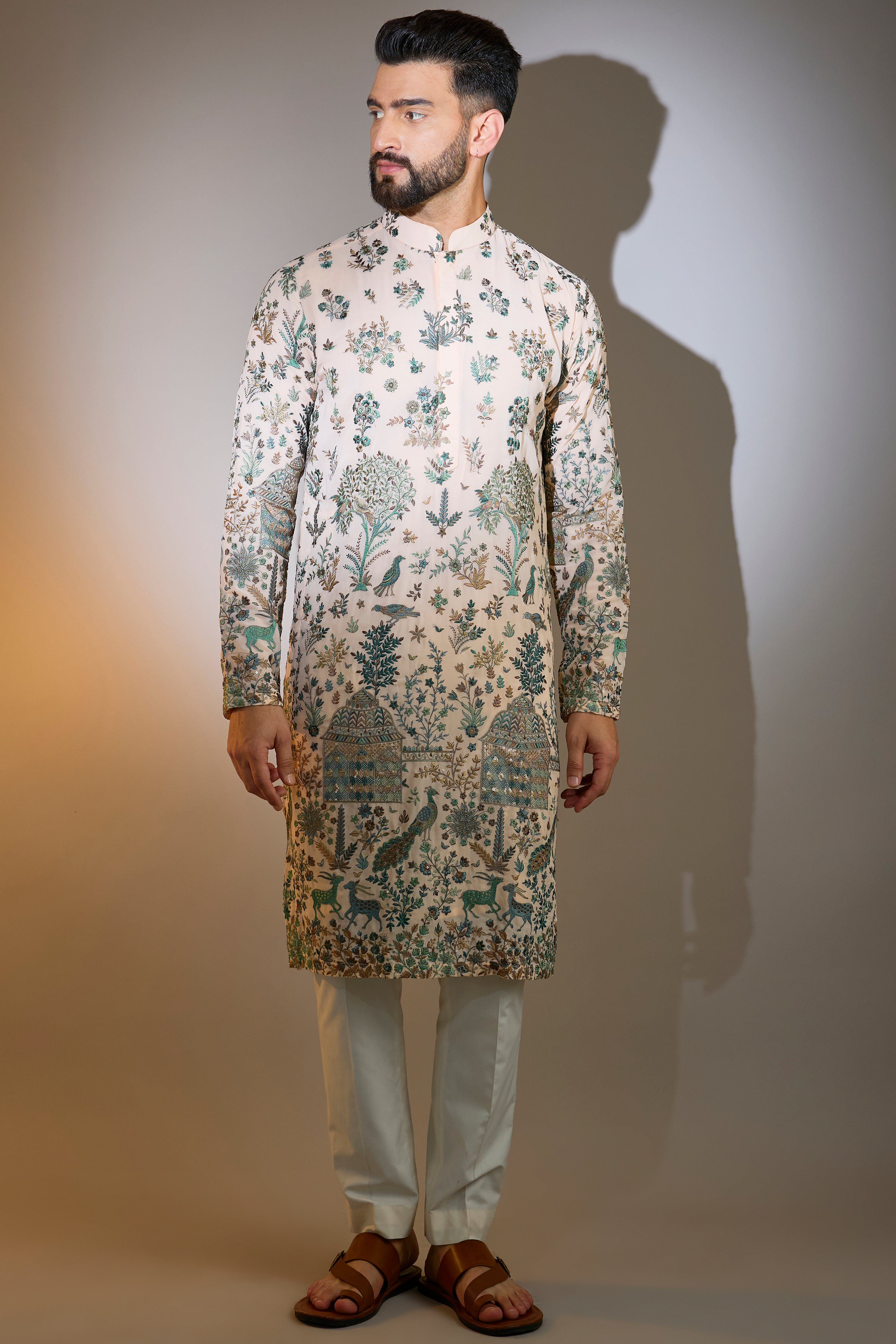 Peach Threadwork Kurta with Intricate Floral & Fauna Motifs - Elegant Ethnic Wear for Festivals, Weddings & Special Occasions