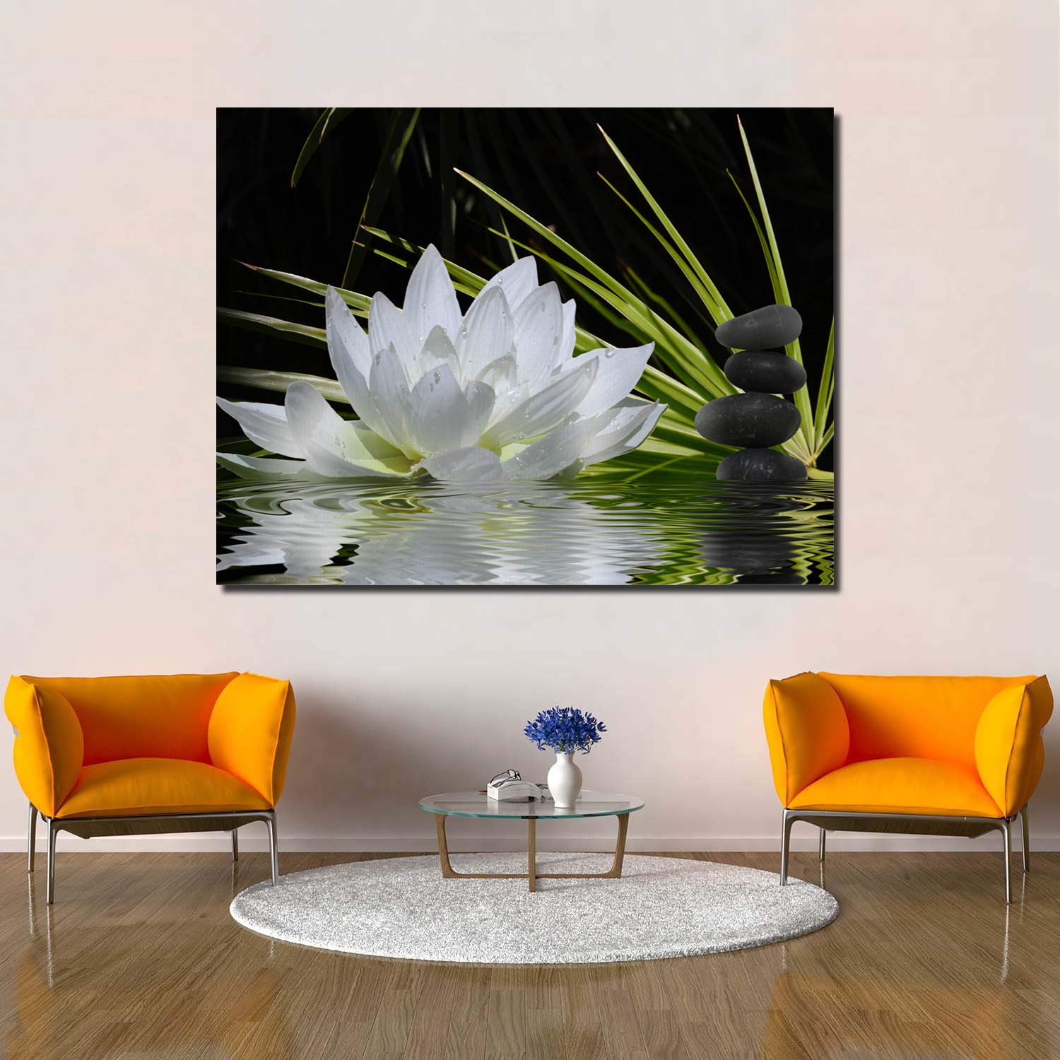 Modern White Lotus & Black Zen Stones Canvas Wall Art - 12x16 Inch Stretched Framed Ready to Hang - Giclee Print Gallery Decor for Living Room, Bedroom & Office