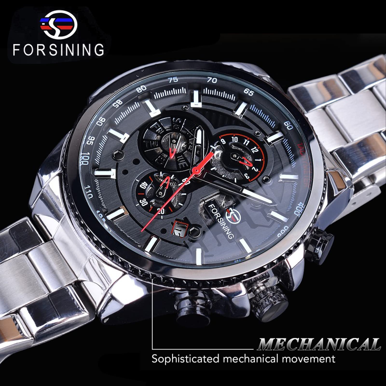 FORSINING Men's Automatic Self-Winding Luxury Stainless Steel Watch with Date, Month, Day, Stopwatch & Tachymeter - Large Dial Mechanical Wristwatch for Business, Formal & Casual Wear