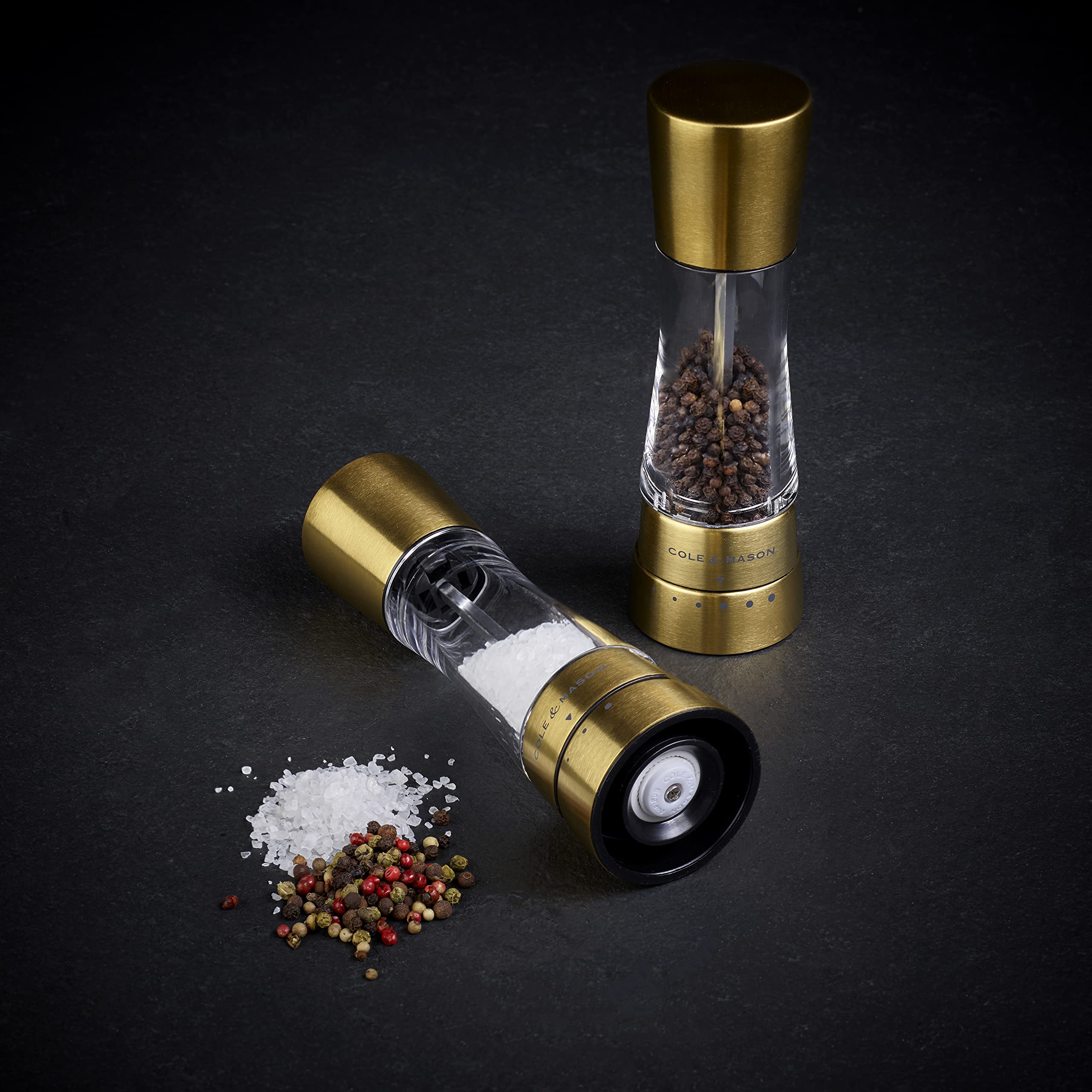 Cole & Mason Derwent Gold Salt and Pepper Grinder Set - Premium Stainless Steel & Acrylic Mills with Gourmet Precision+ Technology - 190mm Height - Perfect for Kitchen, Dining Table & Gift Giving