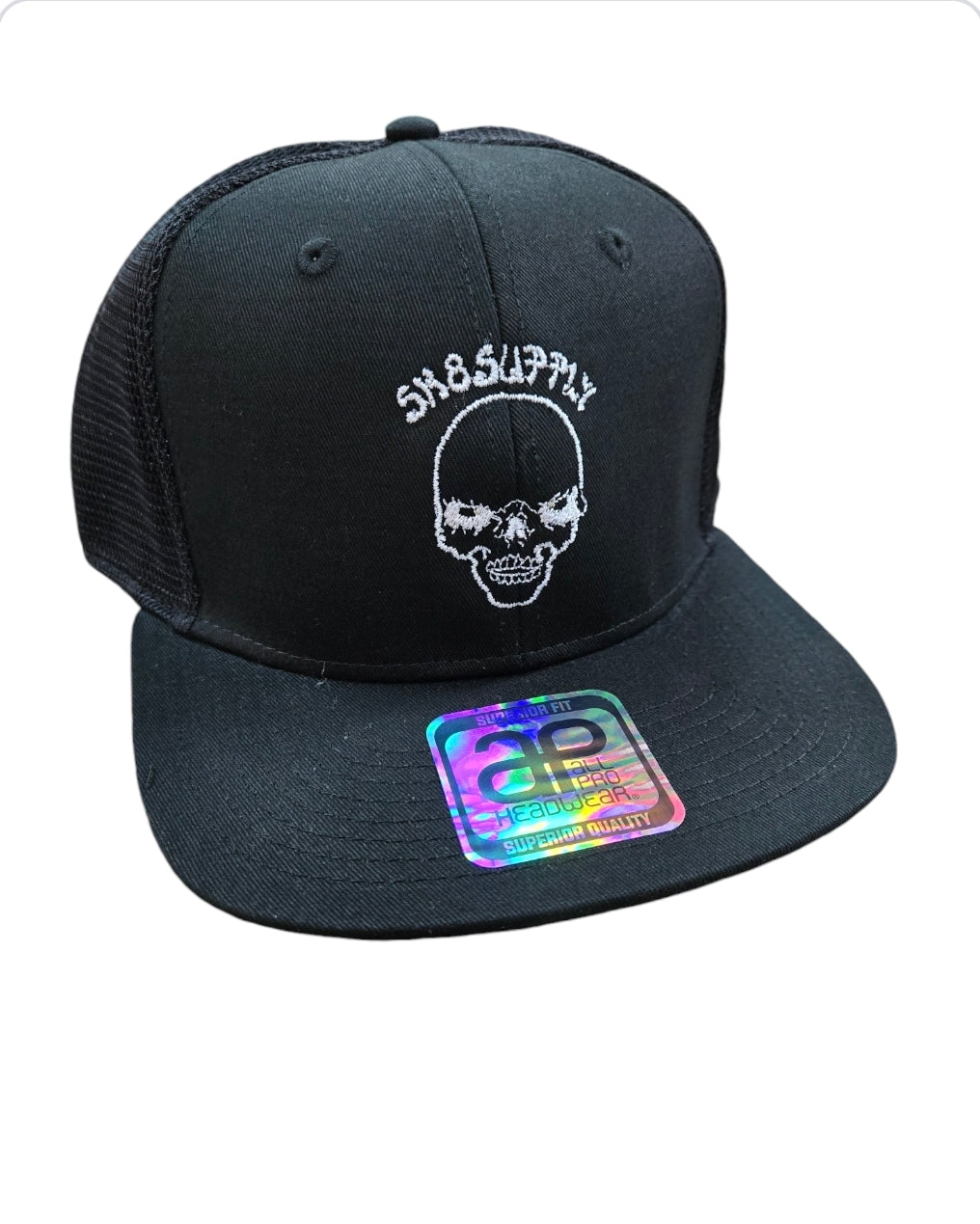 SK8SUPPLY Wes Humpston Skull Logo Trucker Snapback Hat - Black & White Adjustable Baseball Cap for Skateboarding, Streetwear & Casual Outfits