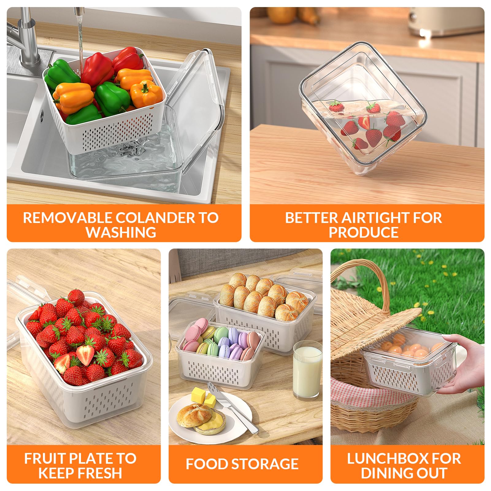 5-Piece Large Airtight Food Storage Containers with Removable Colanders & Lids - Keep Fruits, Vegetables, Meat Fresh Longer - Perfect for Fridge, Pantry, Meal Prep & Organization