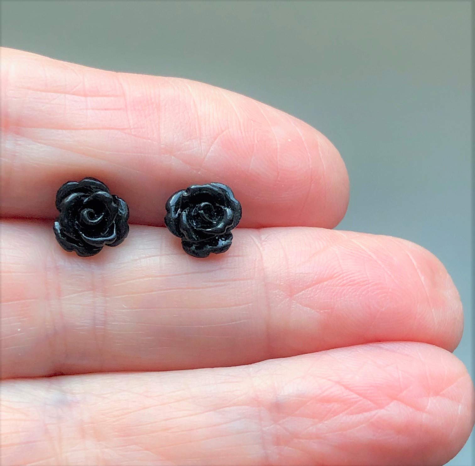 8mm Black Sterling Silver Rose Earrings for Women - Elegant Dainty Flower Jewelry for Date Night, Wedding & Special Occasions