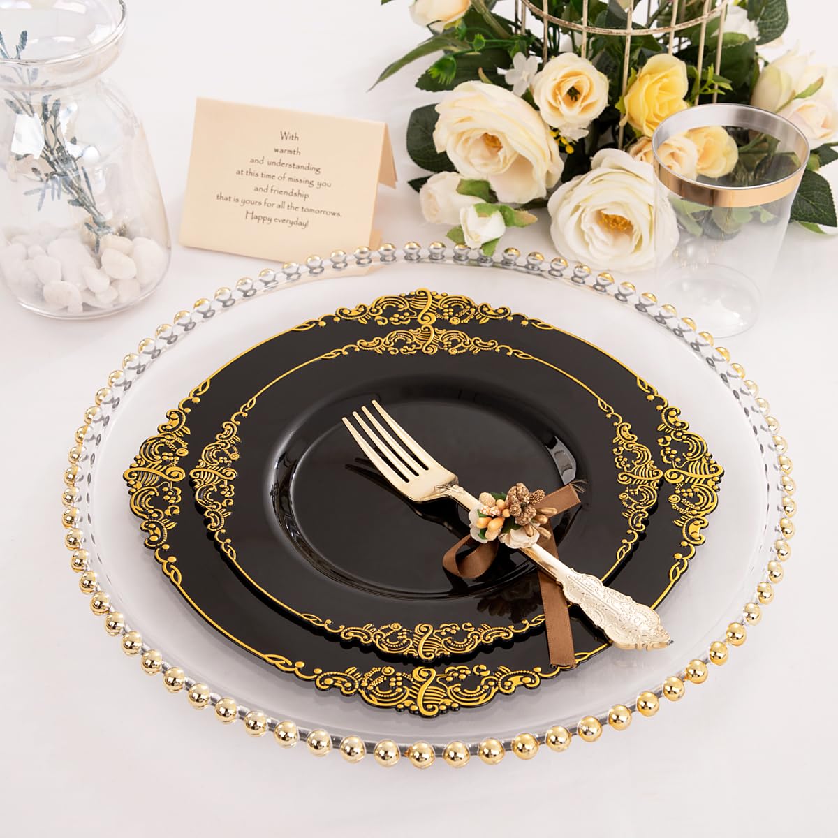 Hioasis 350-Piece Black and Gold Plastic Dinnerware Set - 50 10.25