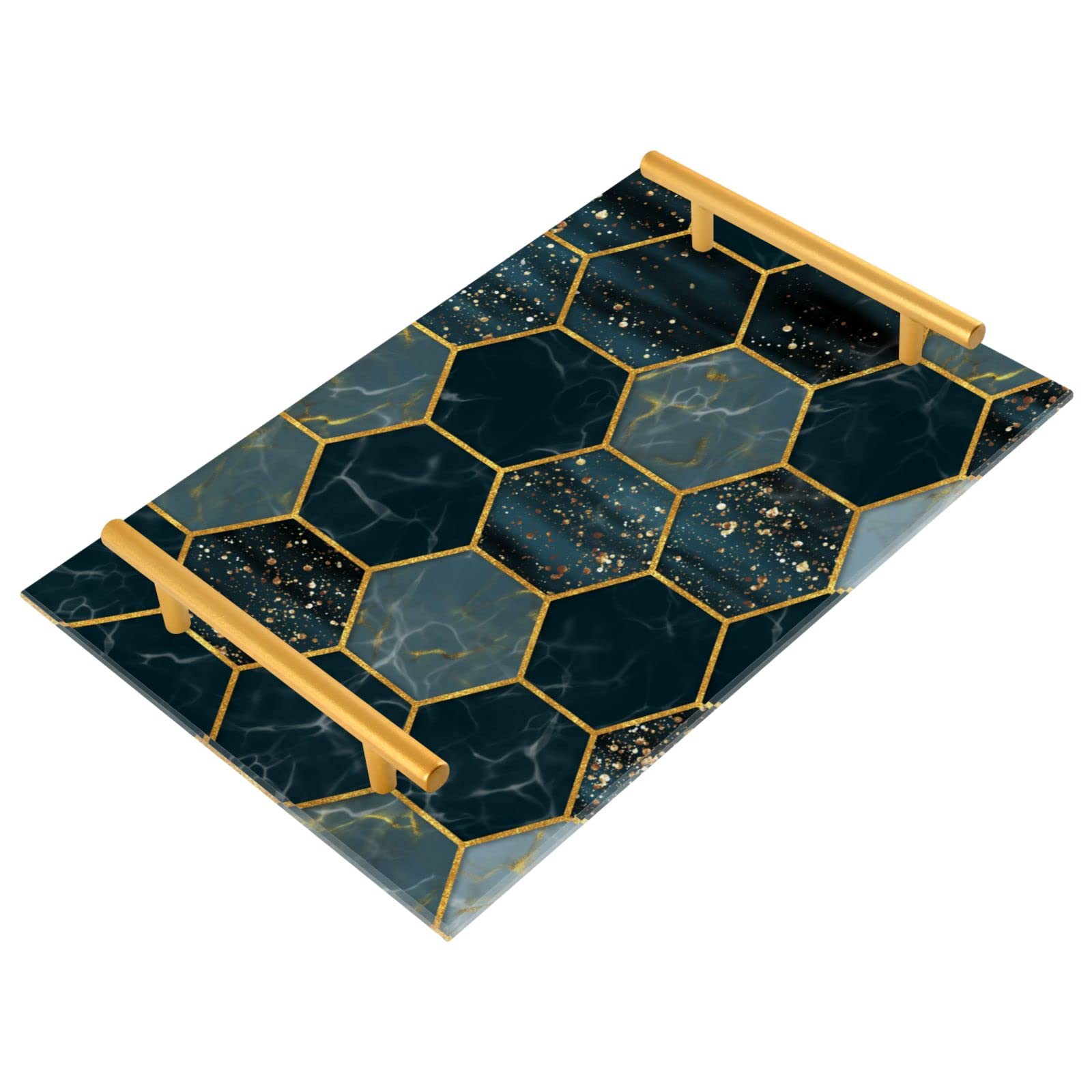 ZZKKO Marble Hexagon Acrylic Tray with Gold Handles - Elegant Bathroom Vanity Organizer, Makeup Tray for Countertops, Dresser & Kitchen Table Decor - Perfect for Jewelry Display, Perfume Storage and Home Decoration