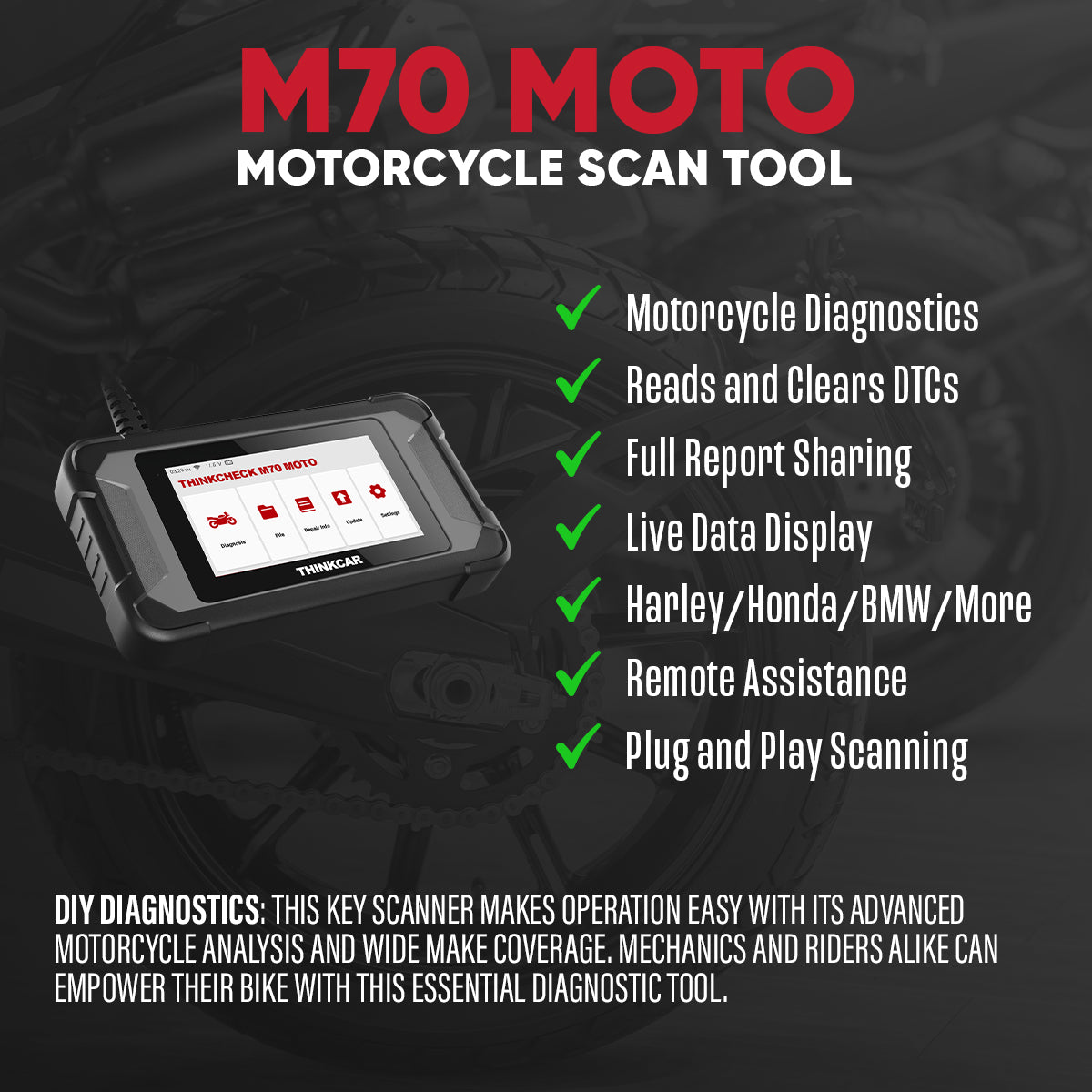 THINKCHECK M70 MOTO Motorcycle Diagnostic Tool - Plug & Play OBD2 Scanner for Harley, Honda, Kawasaki - Easy Fault Code Reader for Bike Maintenance & Repair