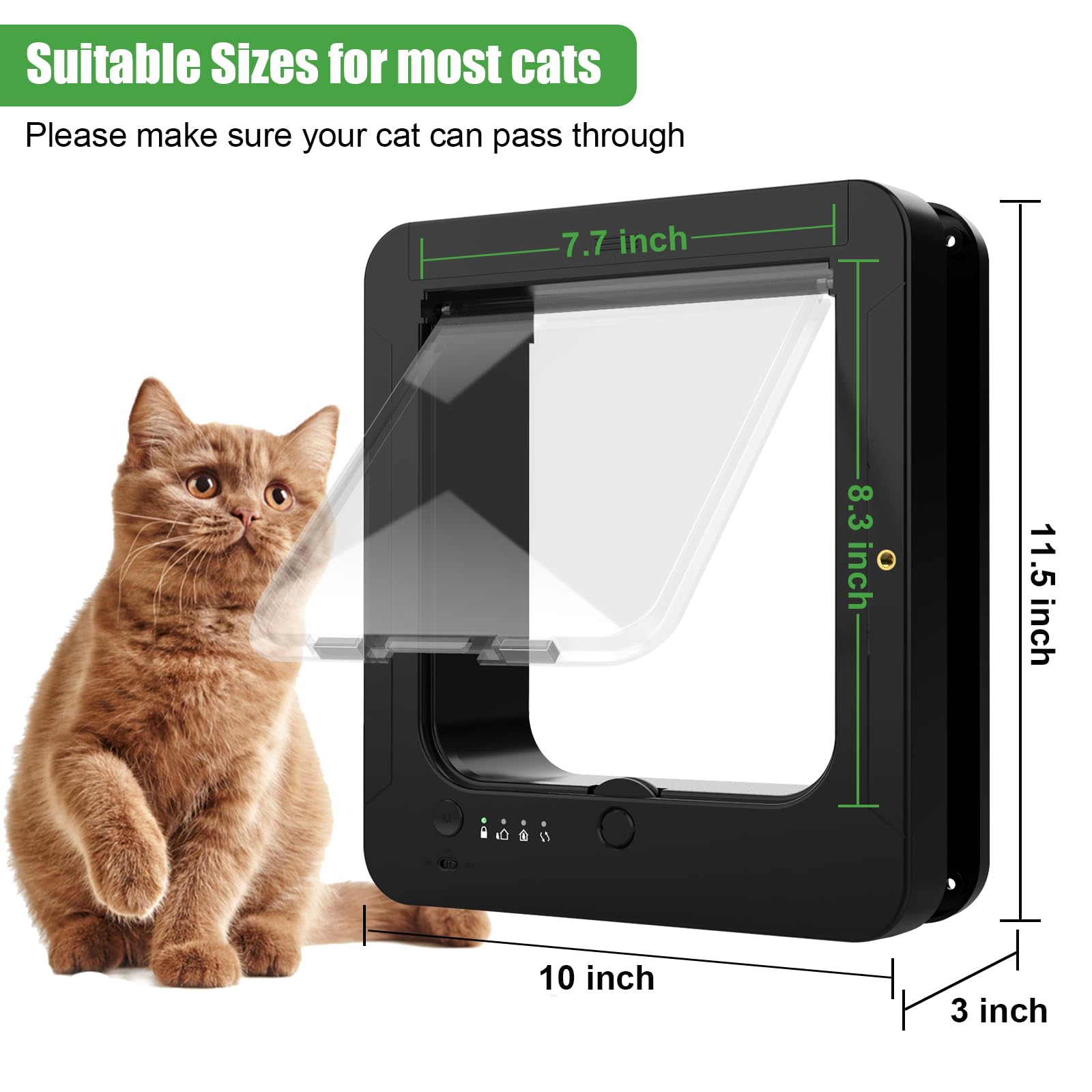 Smart RFID Cat Door for Interior & Exterior - Microchip Activated Pet Door with 2 Collar Sensors, Remote Control & 4-Way Locking System | Automatic Cat Flap for Home Security & Pet Safety (Black) | Perfect for Multi-Cat Households & Smart Home Integration