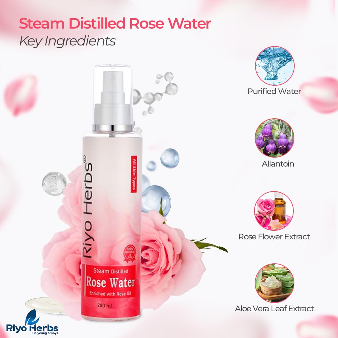 Riyo Herbs Rose Water Facial Spray 200ml | Steam Distilled Pure Gulab Jal | Hydrating Face Toner & Cleanser for All Skin Types | Perfect for Daily Skincare, Makeup Setting & Summer Refreshment
