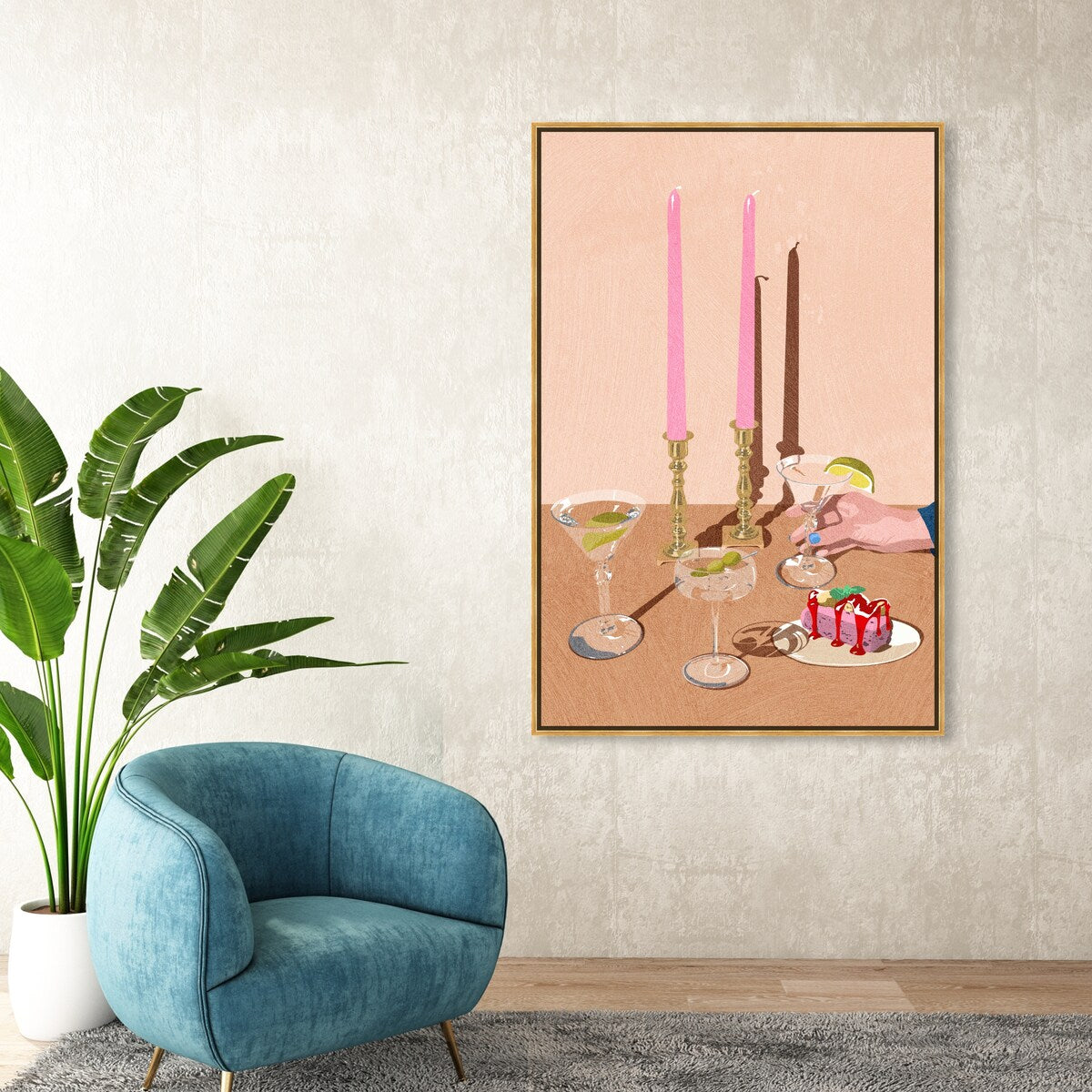 Elegant Pink Framed Canvas Wall Art Print - Modern Dessert & Drink Theme for Dining Room Decor | Perfect for Kitchen, Living Room, and Home Decoration