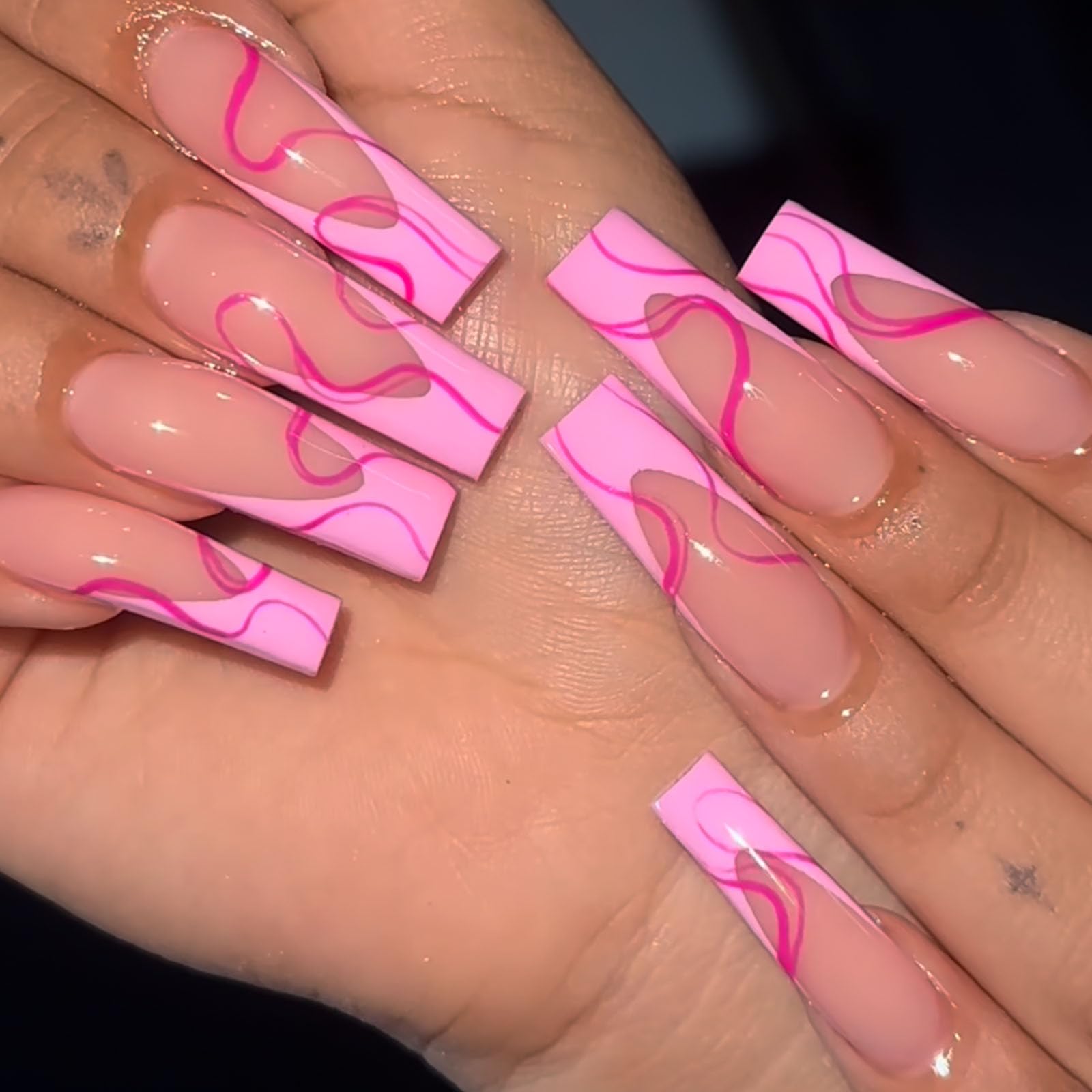 Valentine's Day Press on Nails - Extra Long Square French Tips with Glitter Pink Wave Designs | Glossy Squoval Fake Nails for Women | Full Cover Gel Glue on Nails | Perfect for Date Night, Parties & Special Occasions
