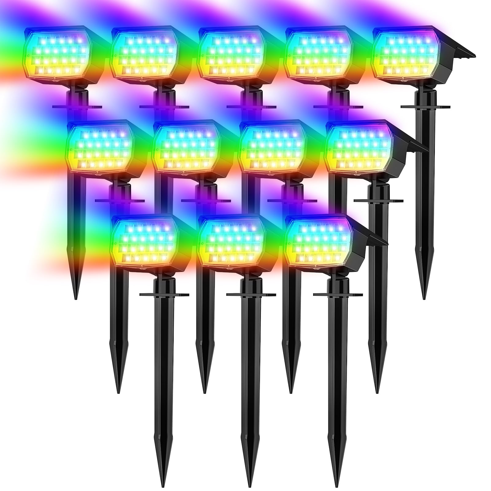 12 Pack Solar Spot Lights Outdoor - Color Changing LED Landscape Spotlights with 7 Modes, Waterproof Solar Powered Flood Lights for Pathway, Yard, Garden, Tree & Walkway - Perfect for Christmas Decorations, Landscape Lighting & Outdoor Ambiance