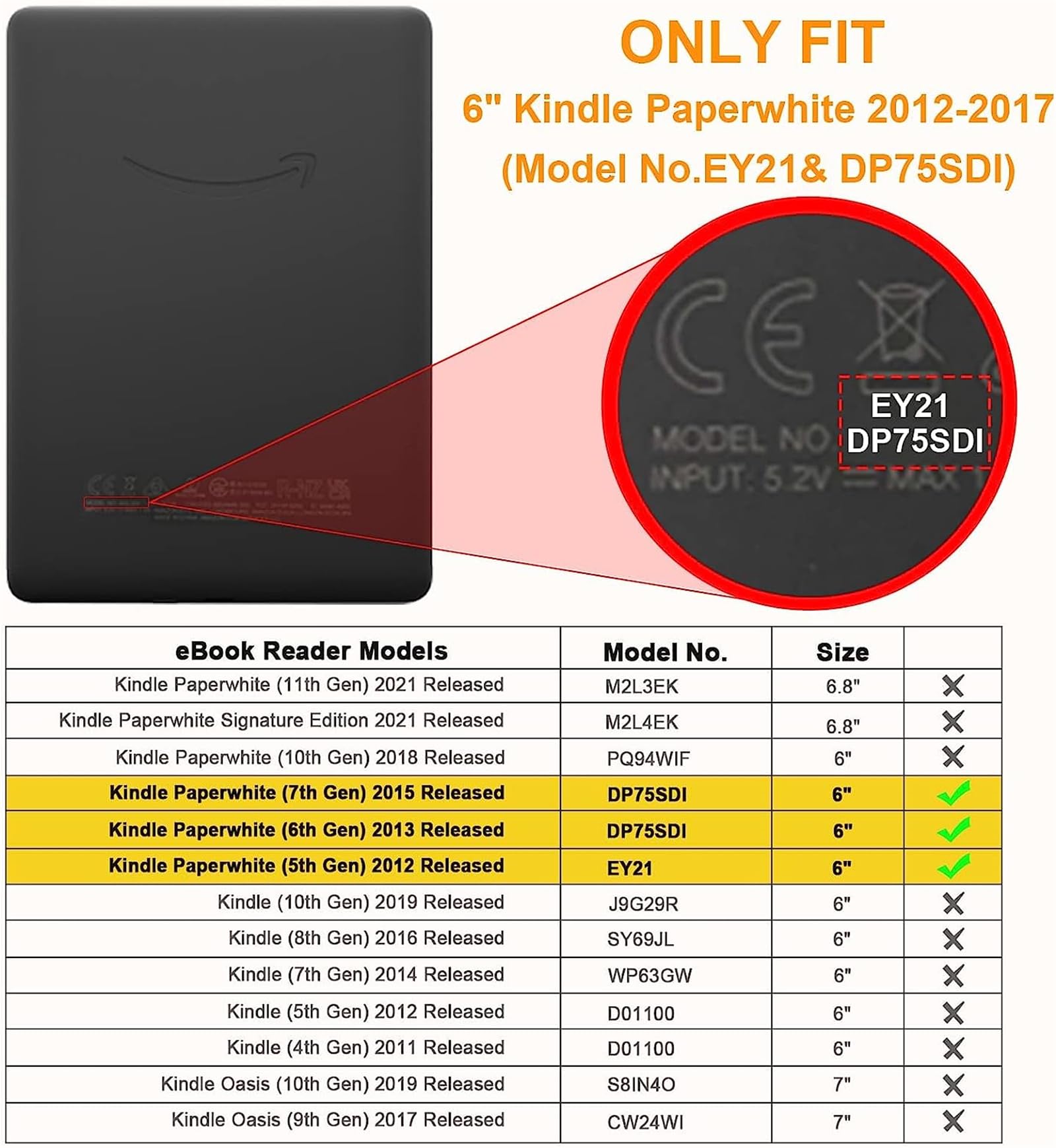 Premium PU Leather Case for Kindle Paperwhite 5th/6th/7th Generation (2012-2015 Models EY21 & DP75SDI) - Auto Sleep/Wake, Lightweight & Water-Resistant Cover - Perfect for Reading, Travel & Daily Commute