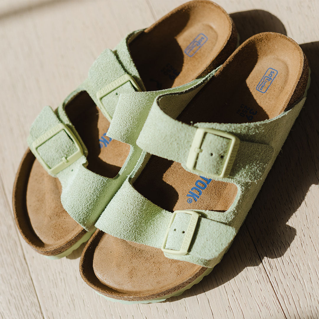 Birkenstock Arizona Soft Footbed Sandals - Suede Leather in Faded Lime | Comfortable & Supportive for Casual Wear, Walking & Outdoor Activities