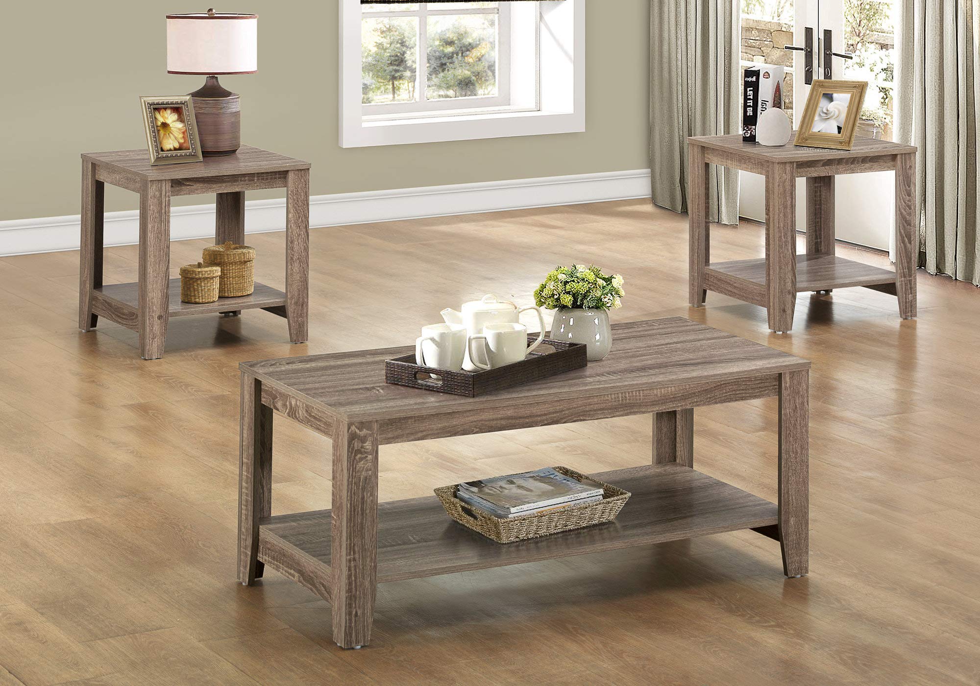 Monarch Specialties I 7914P 3-Piece Table Set - Coffee Table, End Table & Side Table - Brown Laminate Transitional Living Room Furniture for Home Decor & Small Spaces
