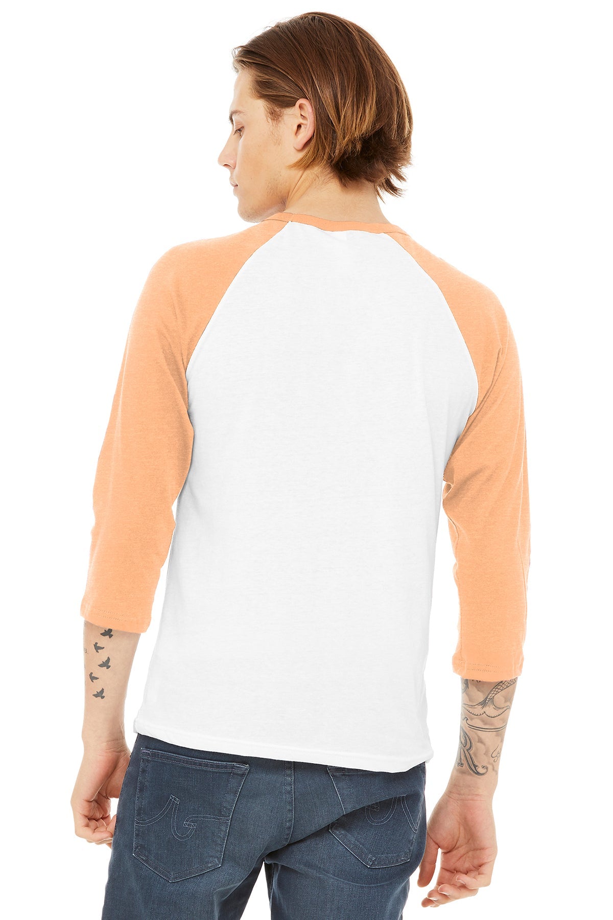 Bella Canvas Unisex 3/4 Sleeve Baseball Tee - Soft Cotton Blend Shirt in White & Heather Peach | Casual Wear, Street Style & Team Sports Apparel