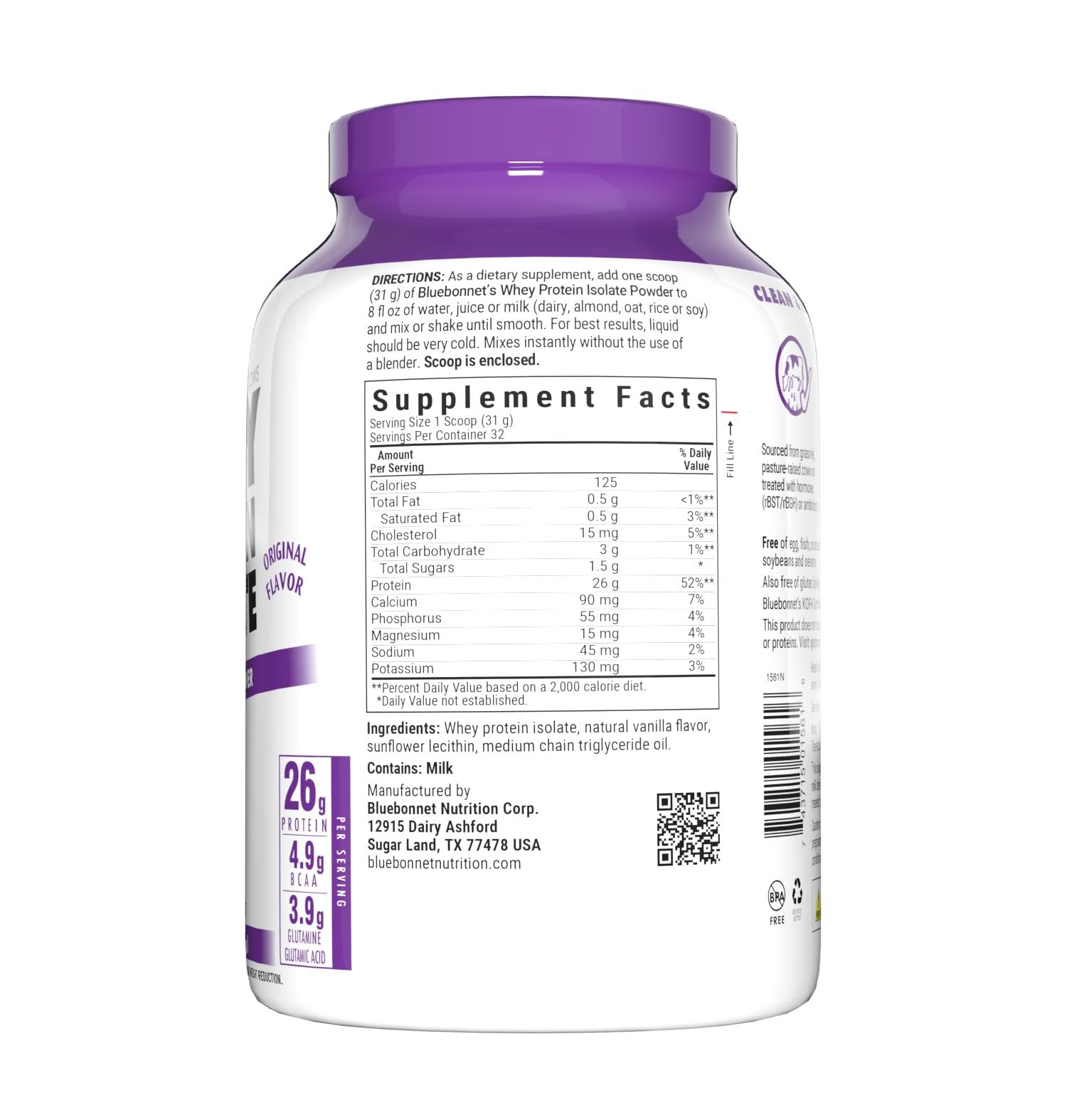 Bluebonnet Nutrition Whey Protein Isolate Powder from Grass-Fed Cows | 26g Protein per Serving | Sugar-Free, Gluten-Free, Soy-Free, Kosher Dairy Certified | 2.2 lbs (32 Servings) | Unflavored | Ideal for Post-Workout Recovery & Muscle Building
