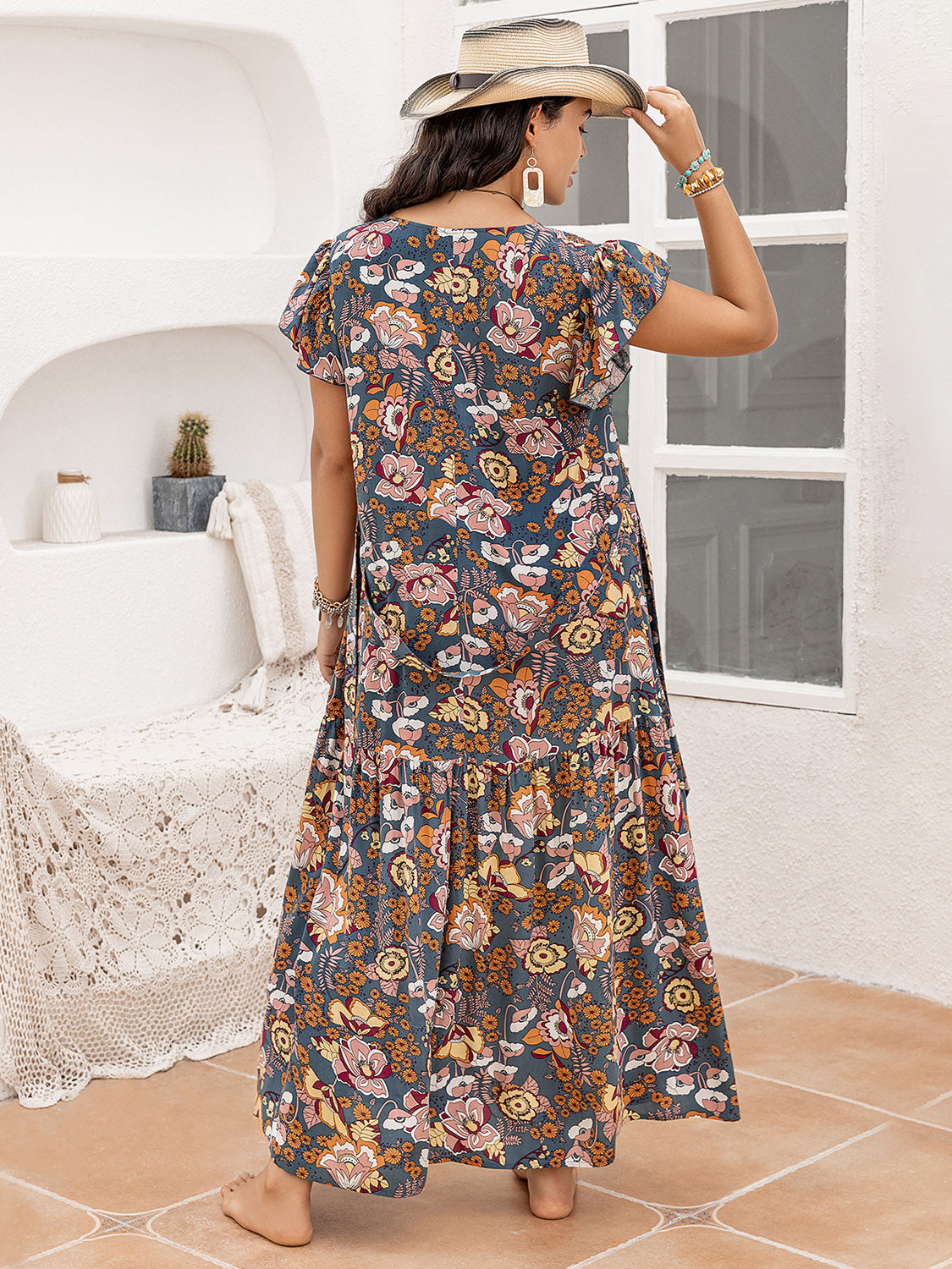 Plus Size Ruffled Printed Cap Sleeve Maxi Dress for Women - Flowy Summer Beach Dress with Pockets, Boho Chic Wedding Guest Outfit & Vacation Dress