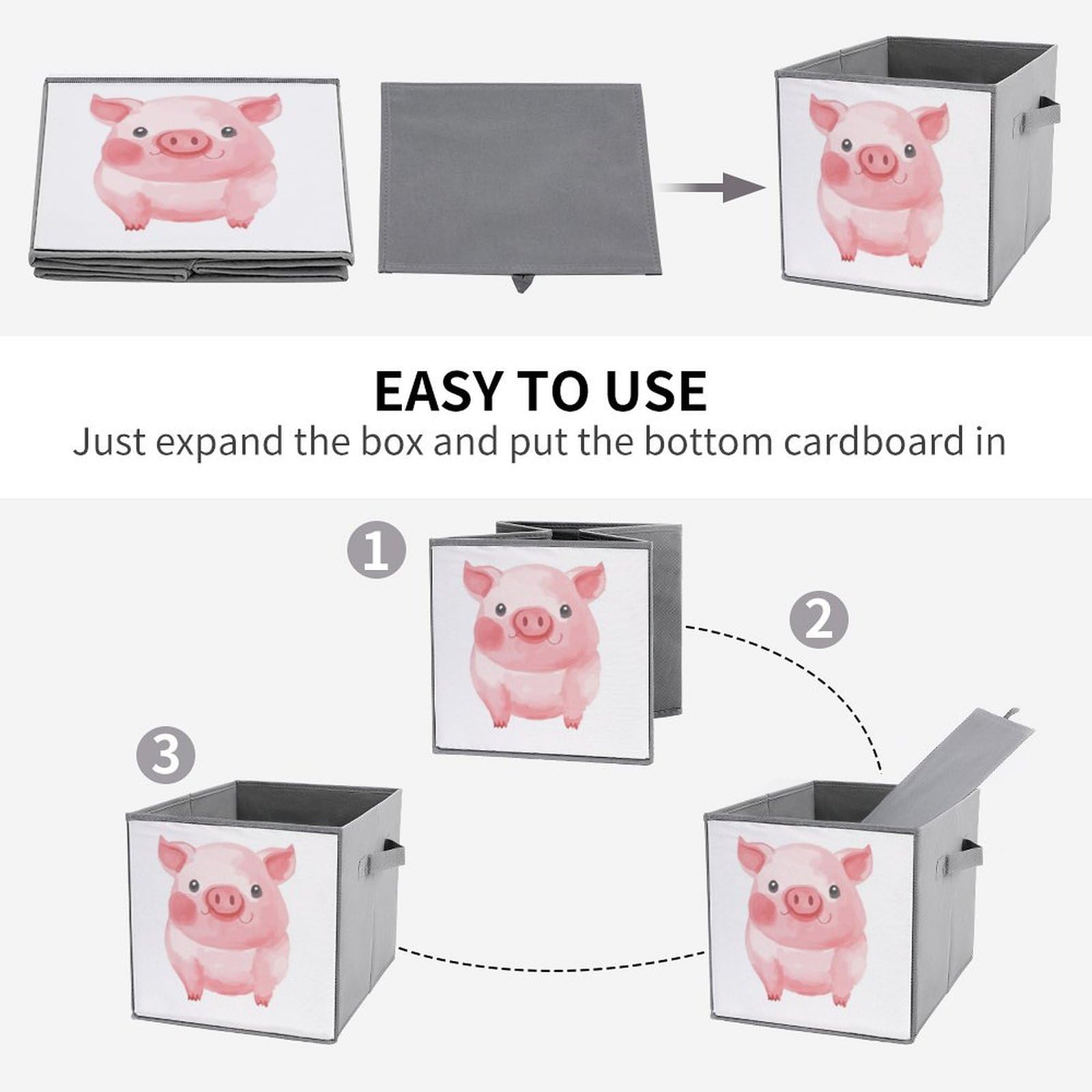 2PCS Foldable Storage Bins - Large Capacity Pink Pig Printed Storage Boxes with Handles for Playroom, Office & Home Organization | Perfect for Kids' Toys, Books & Clutter Control