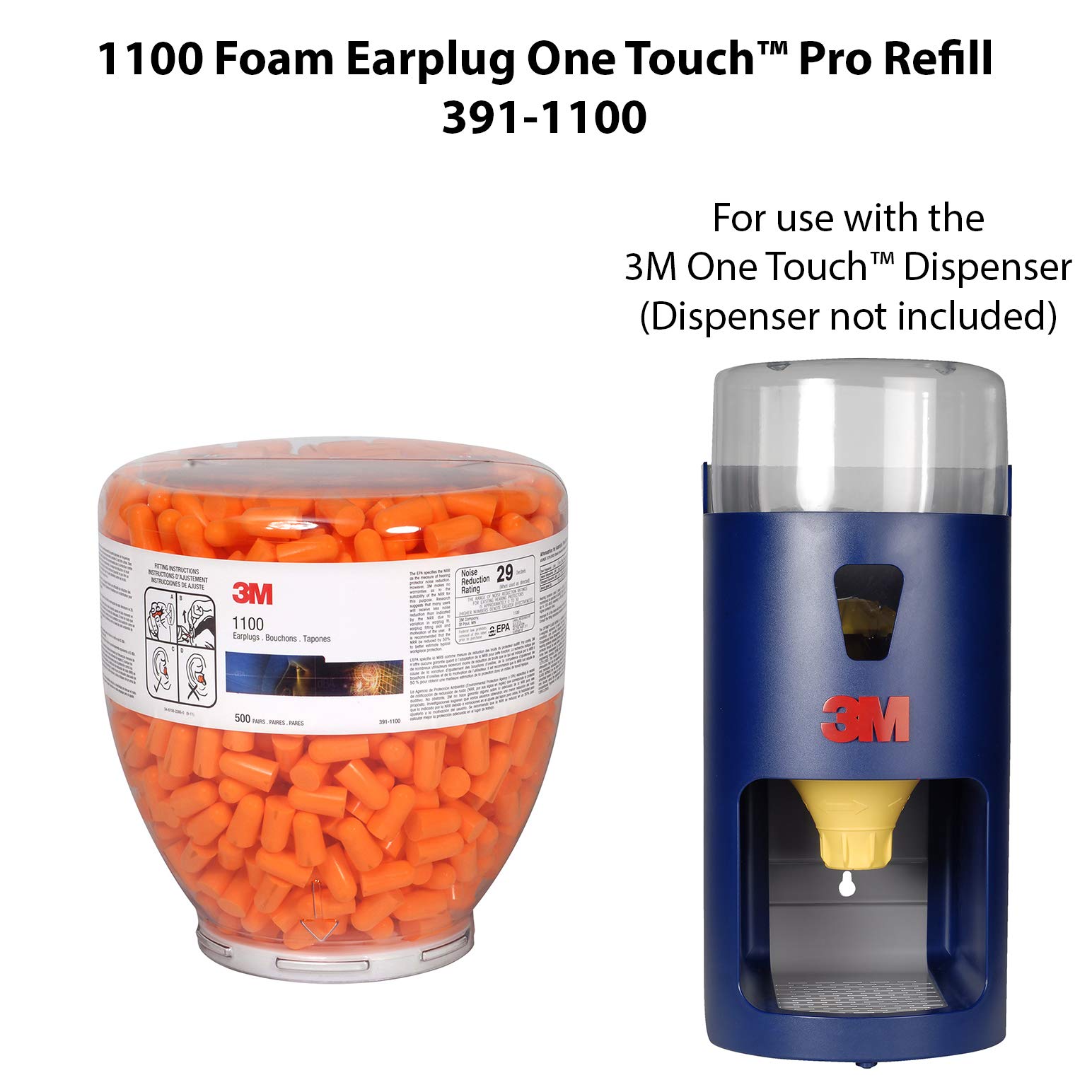 3M One Touch 1100 Earplugs Refill 391-1100 (500 Pack) - Noise Reduction for Sleeping, Studying, Travel & Work - Comfortable Disposable Ear Plugs for Noise Cancellation