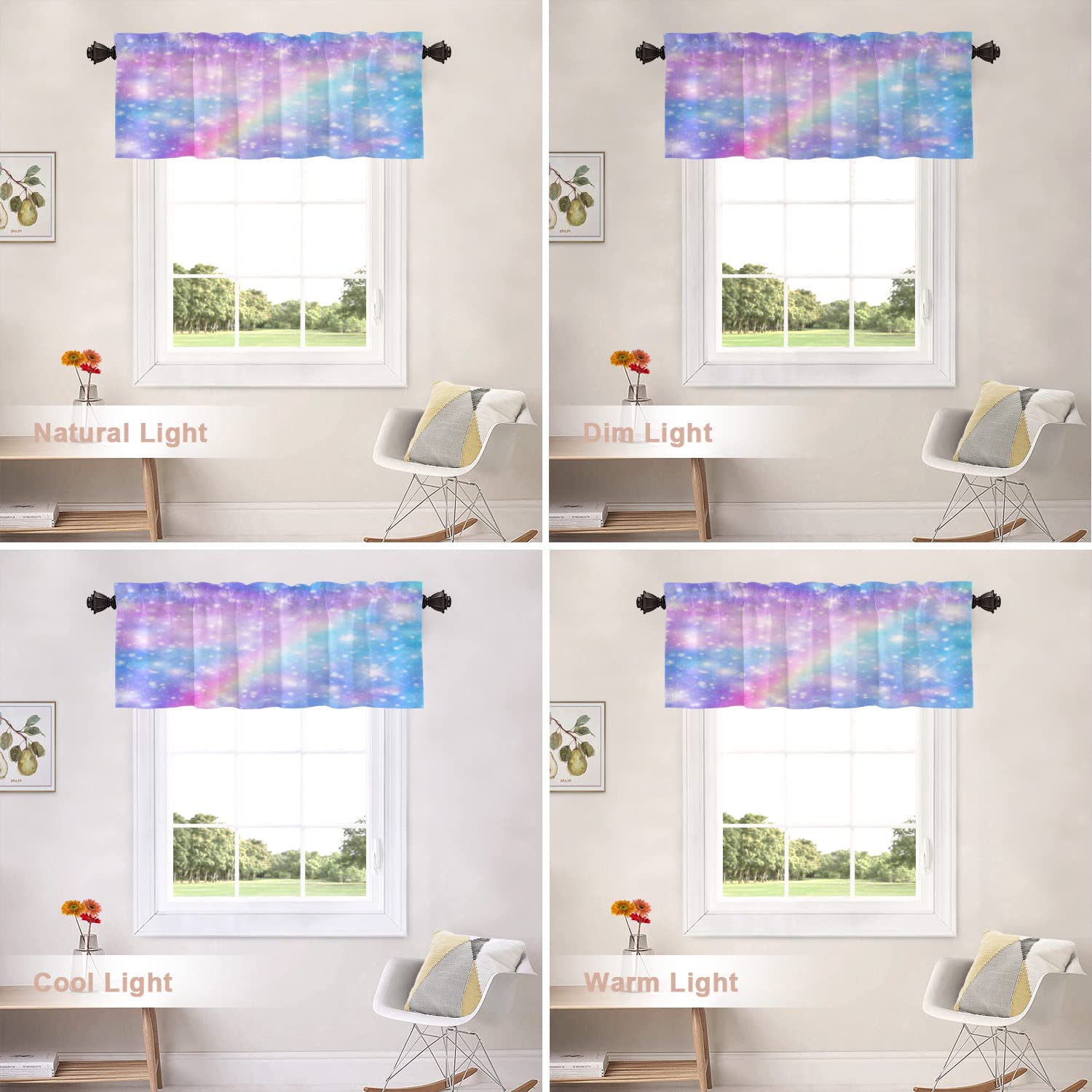 Shrahala Pastel Rainbow Unicorn & Glitter Stars Kitchen Valance - 52x16 Inch Galaxy Fantasy Window Curtain for Kitchen Decor | Perfect for Half Windows, Dorm Rooms & Nursery Decor