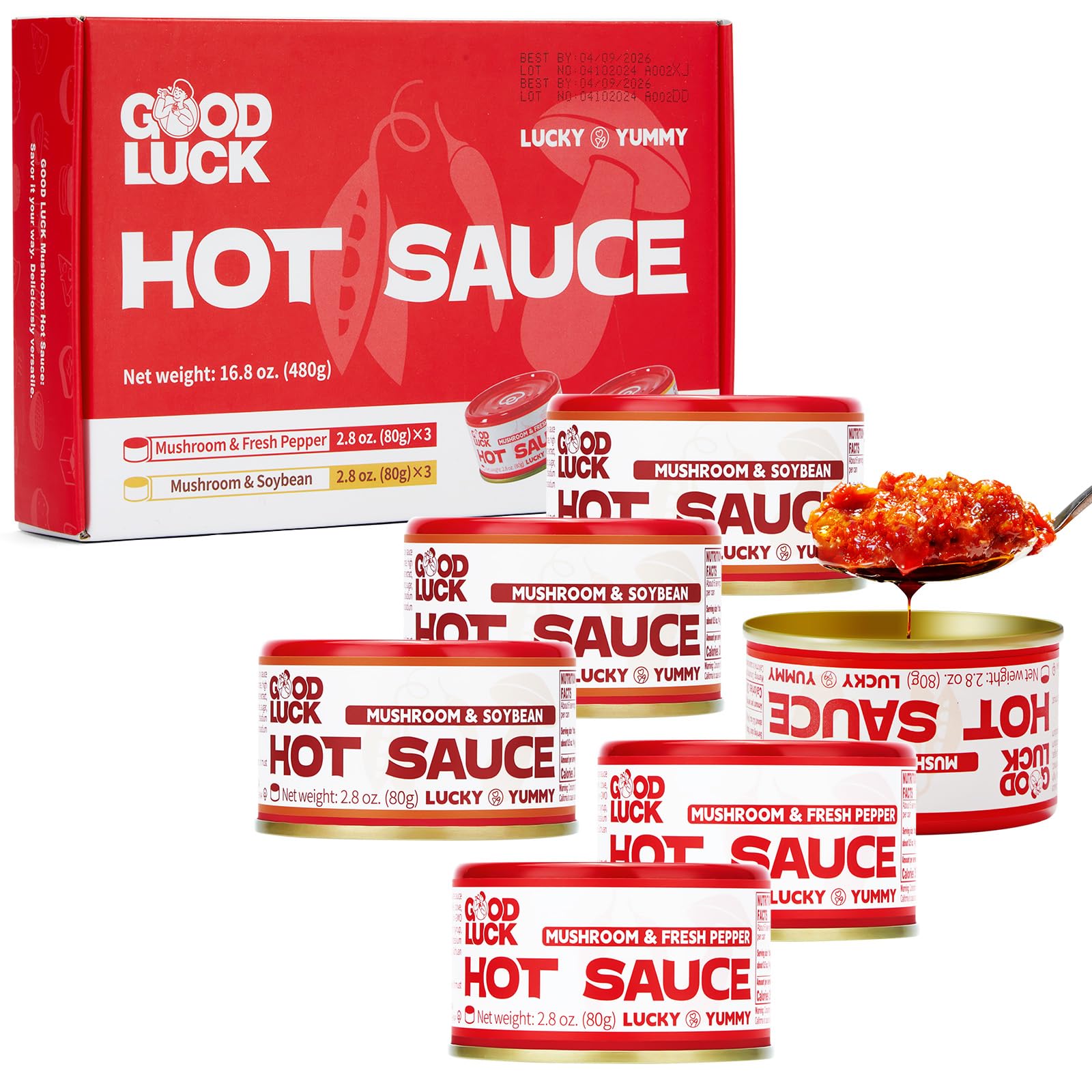 GOOD LUCK Mushroom Hot Sauce - Spicy Chili Oil & Chili Paste with Premium Instant Mushroom Sauce | Chopped Chili, Fresh Pepper, Soybean & Garlic | 6-Pack Cans | Perfect for Cooking, Stir-Fry & Dipping Sauces
