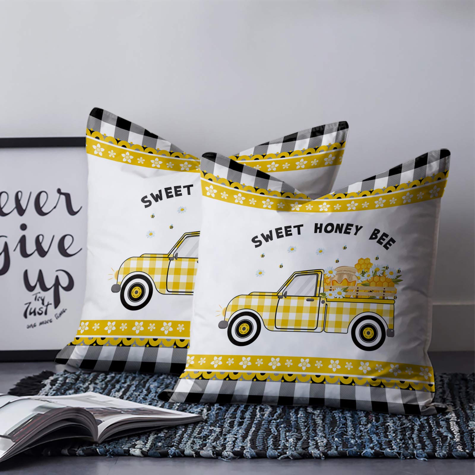 Libaoge 18x18 Inch Throw Pillow Covers Set of 2 - Soft Square Decorative Cushion Covers for Sofa, Couch & Bedroom - Honey Bee Yellow Truck with Buffalo Plaid Border - Perfect for Toddler Rooms & Nursing Areas
